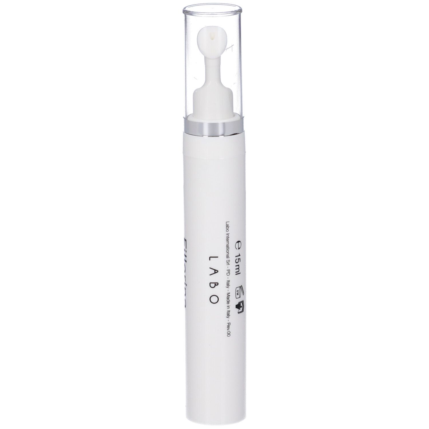 Penna bianca con cappuccio trasparente. Scritta: LABO, 15 ml.