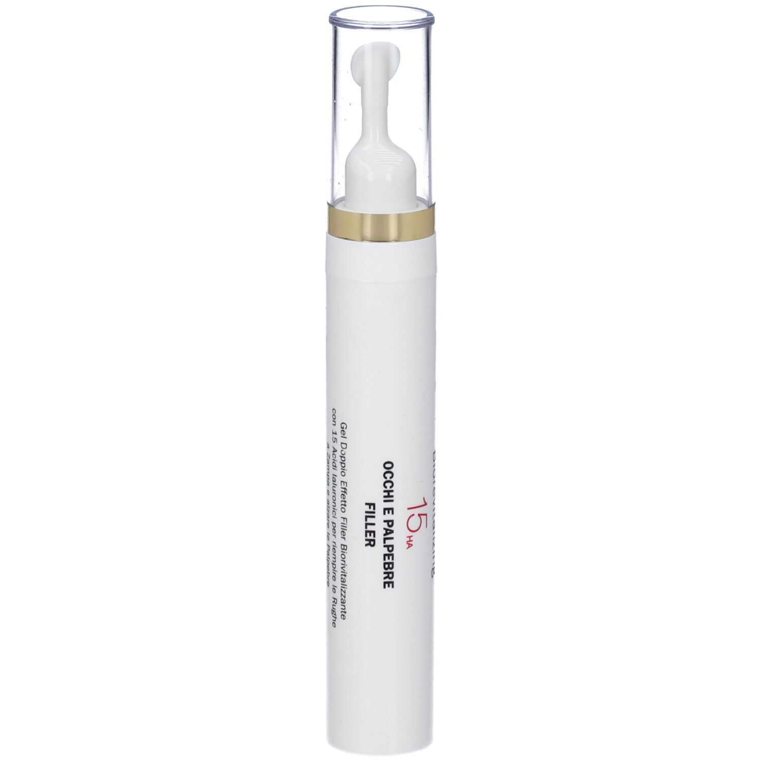 Penna bianca con applicatore. Anello dorato. Scritta: Fillerina 15 Ha, Occhi E Palpebre.