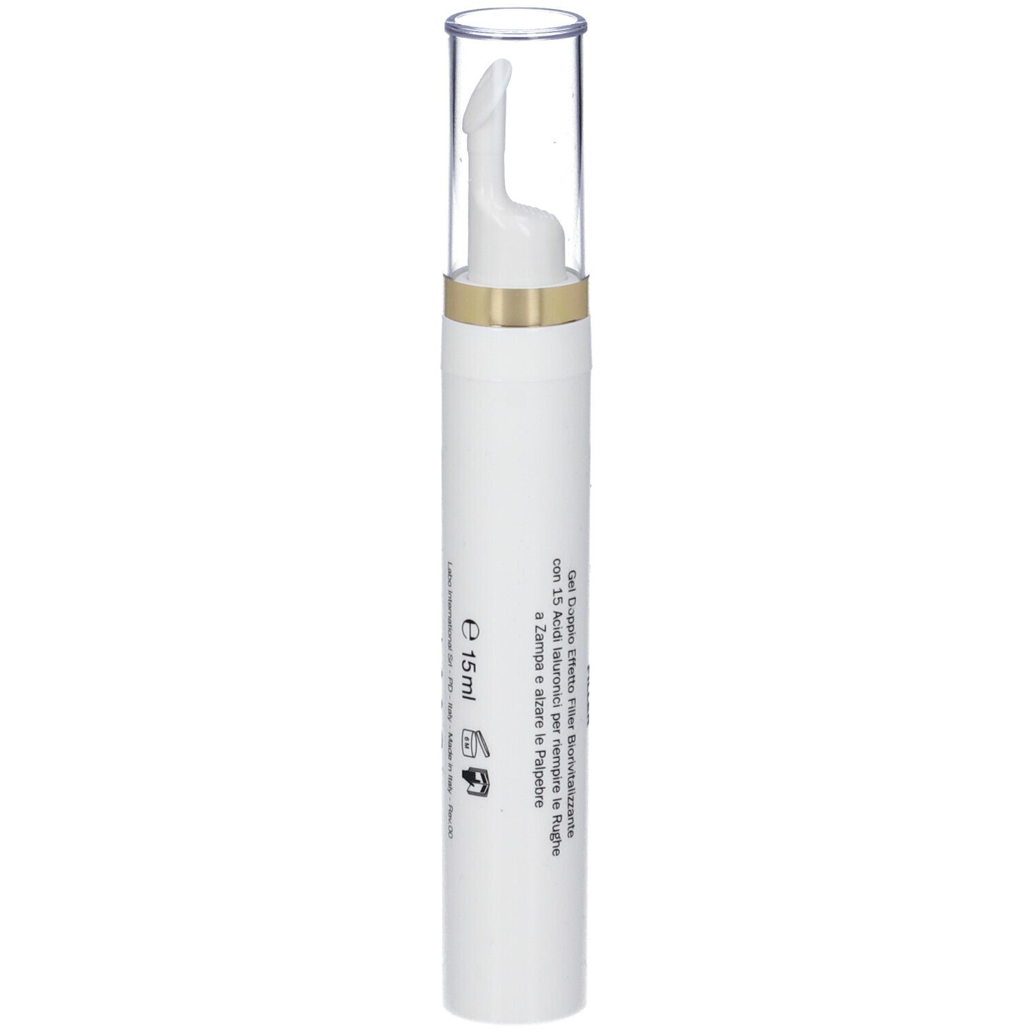 Penna bianca con applicatore. Anello dorato. Scritta: Fillerina 15 Ha, E 15ml.