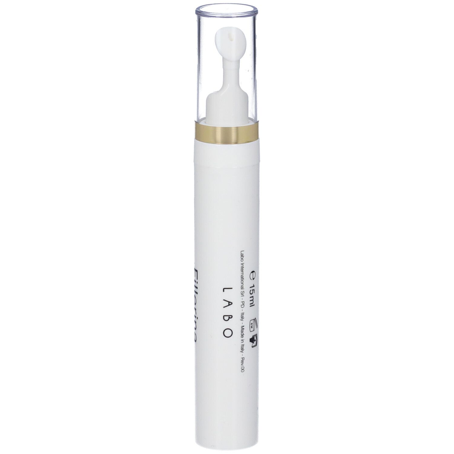 Penna bianca con applicatore. Anello dorato. Scritta: LABO, E 15ml.