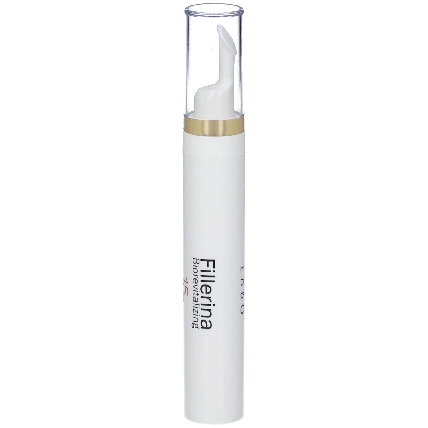 Penna bianca con applicatore. Anello dorato. Scritta: Fillerina 15 Ha Biorevitalizing, LABO.