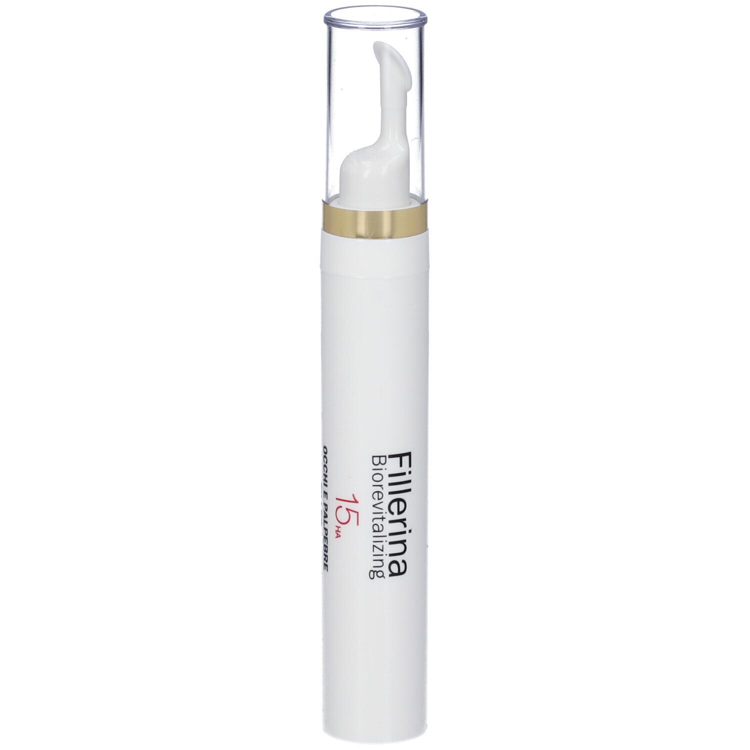 Penna bianca con applicatore. Anello dorato. Scritta: Fillerina 15 Ha, Double Palpebre.