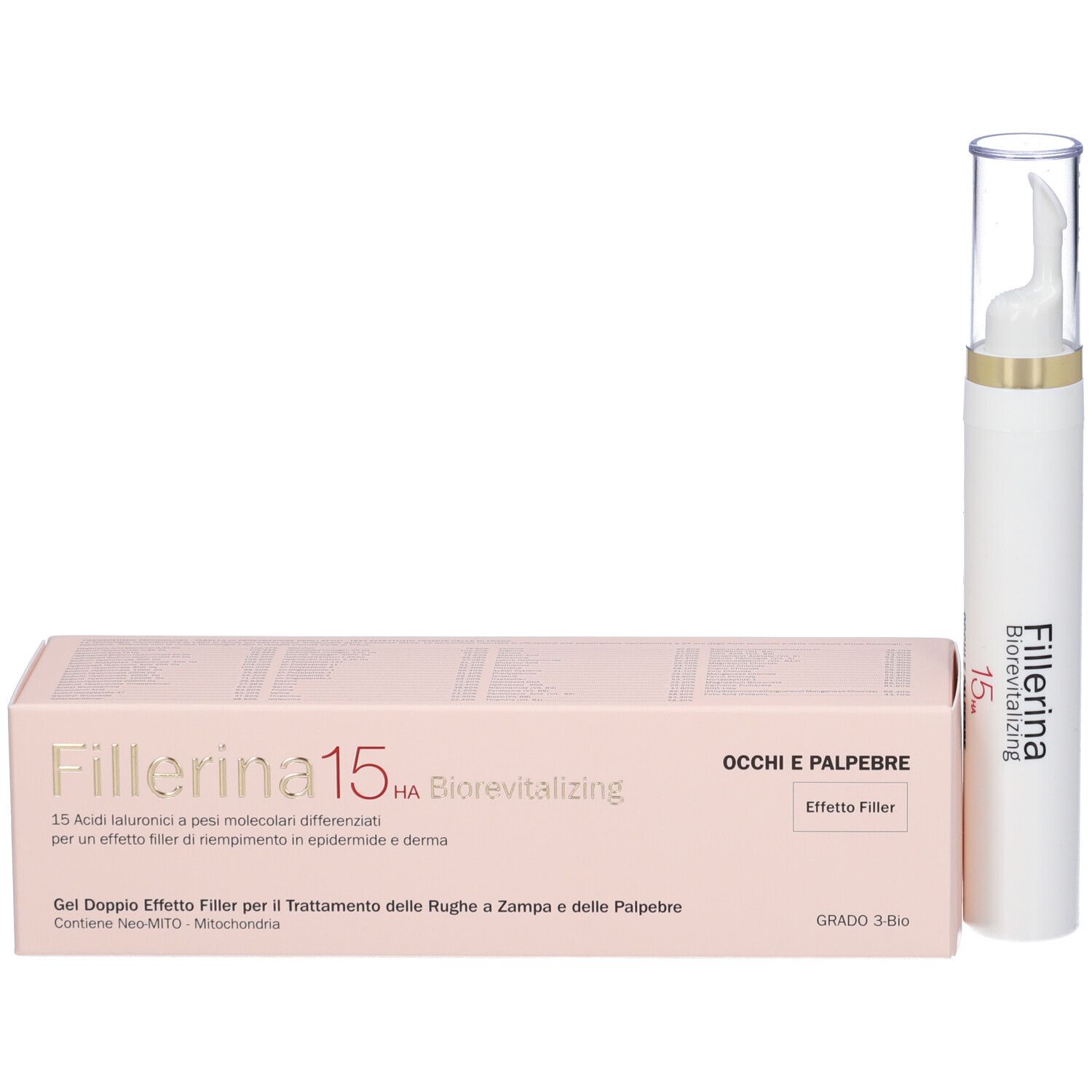 Confezione e penna. Confezione: rosa, scritta: Fillerina 15 Ha Biorevitalizing, Occhi E Palpebre.