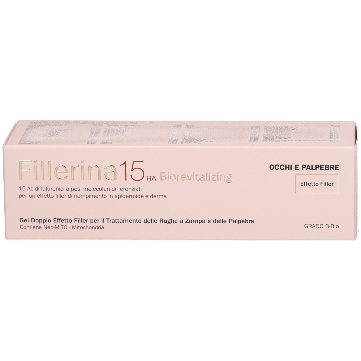 Confezione. Rosa, scritta: Fillerina 15 Ha Biorevitalizing, Occhi E Palpebre, Grado 3 Bio.