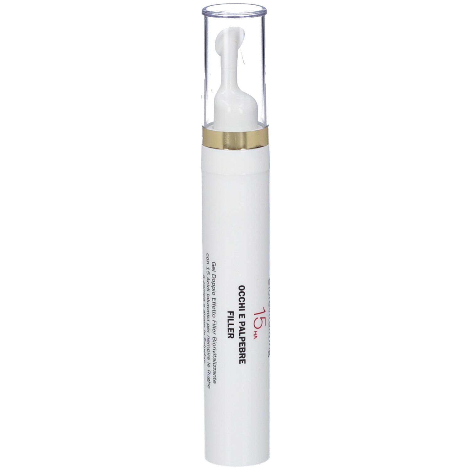 Penna bianca con applicatore trasparente. Anello dorato. Scritta: 15 HA Occhi e Palpebre FILLER.