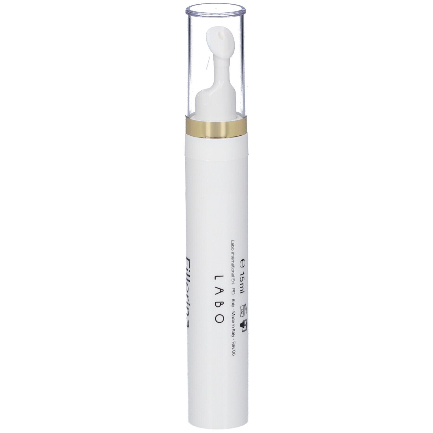 Penna bianca con applicatore trasparente. Anello dorato. Scritta: LABO. E 15ml.