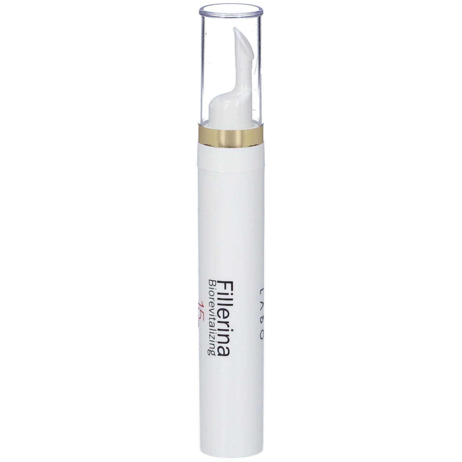 Penna bianca con applicatore trasparente. Anello dorato. Scritta: Fillerina 15 HA Biorevitalizing.