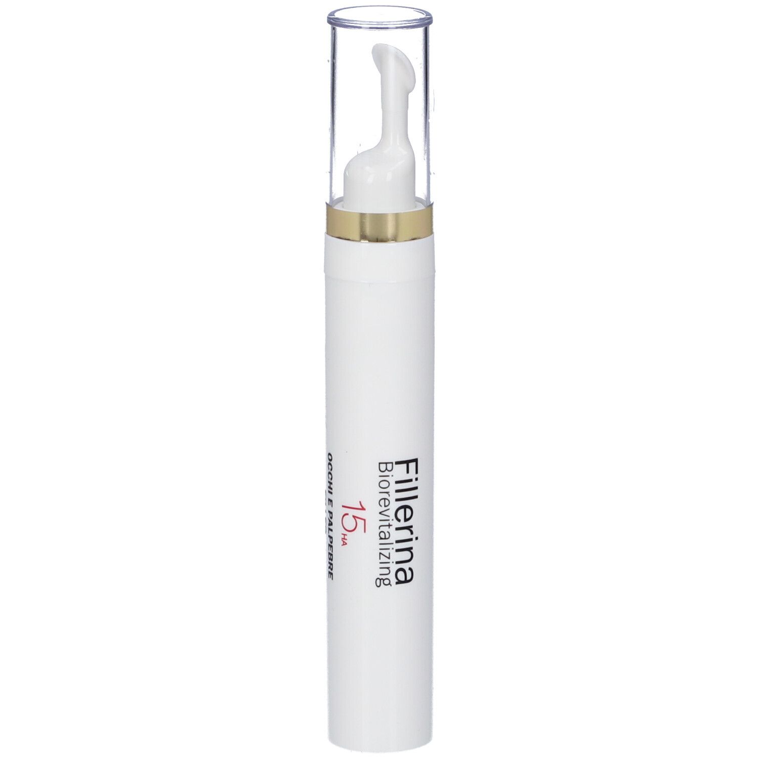 Penna bianca con applicatore trasparente. Anello dorato. Scritta: Fillerina 15 HA Biorevitalizing Occhi e Palpebre.