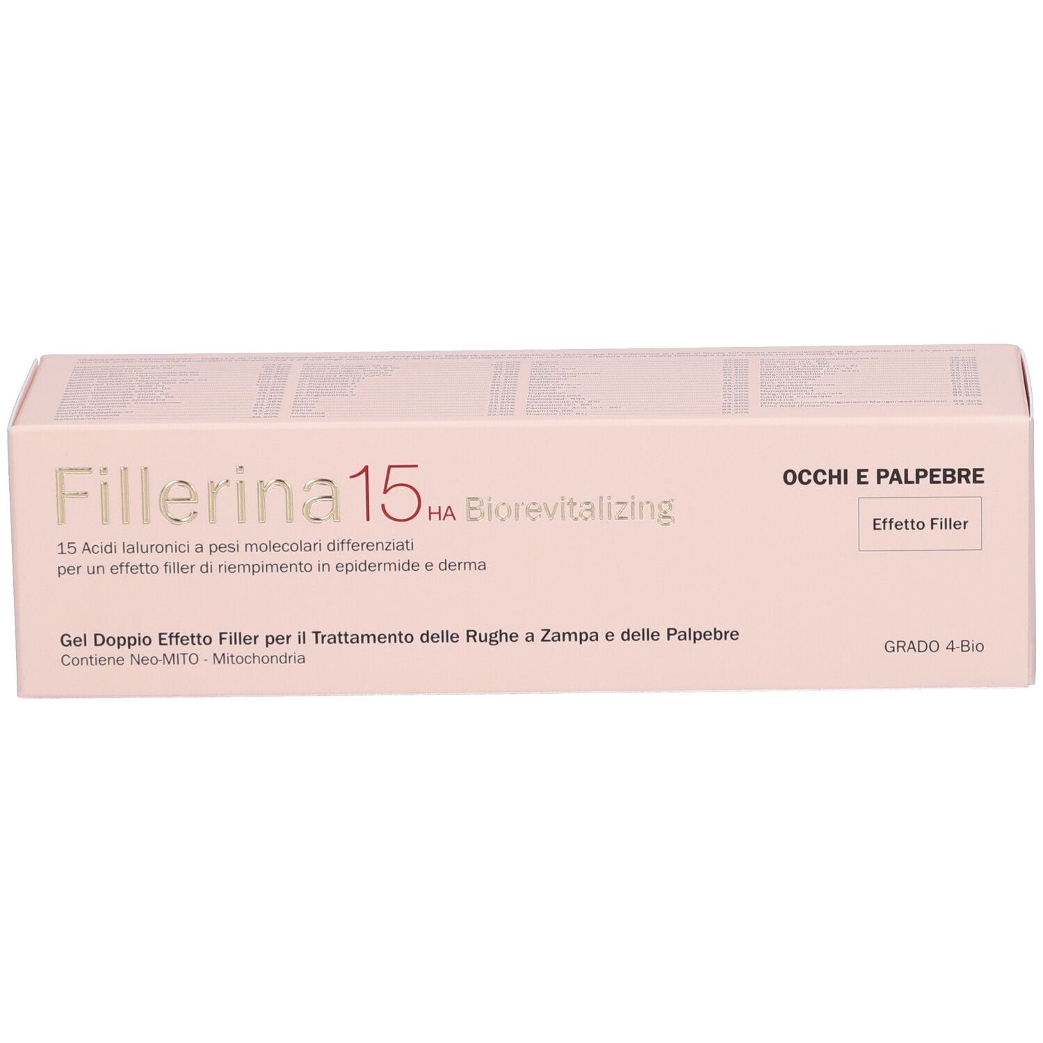 Scatola rosa con nome del prodotto e informazioni. Scritta: Occhi e Palpebre, Effetto Filler, Grado 4 Bio.
