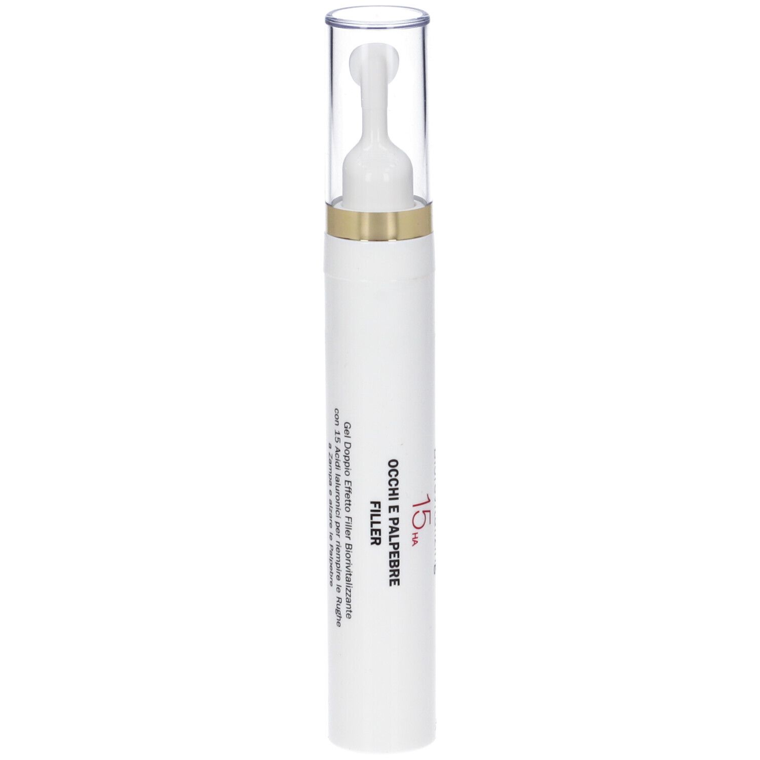 Penna bianca con cappuccio trasparente. Scritta: Fillerina 15 Ha Biorevitalizing Occhi e Palpebre.
