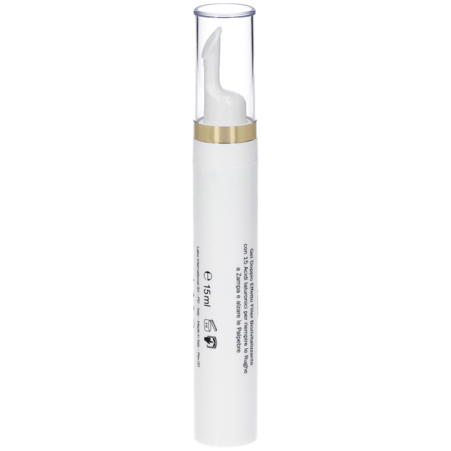 Penna bianca con cappuccio trasparente. Scritta: Fillerina 15 Ha Biorevitalizing. E 15ml.