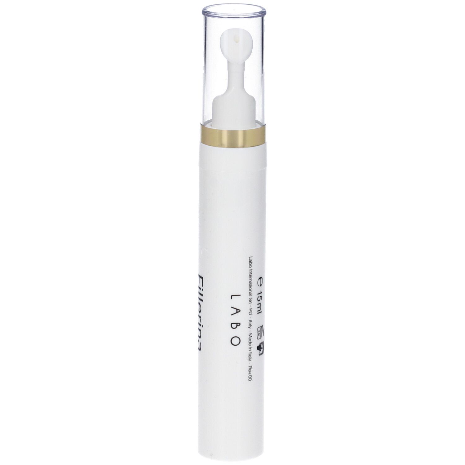 Penna bianca con cappuccio trasparente. Scritta: Fillerina LABO 10ml.