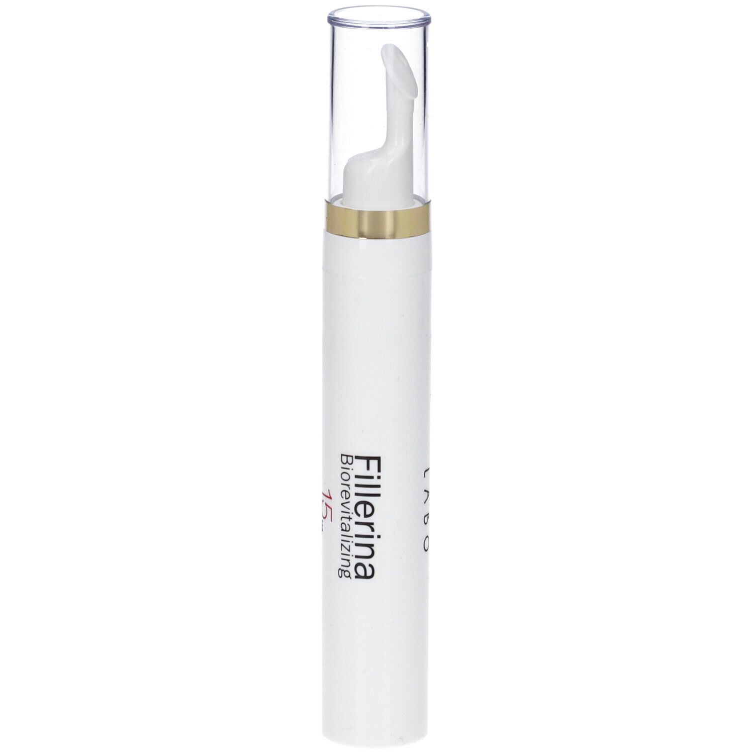 Penna bianca con cappuccio trasparente. Scritta: Fillerina 15 Ha Biorevitalizing.