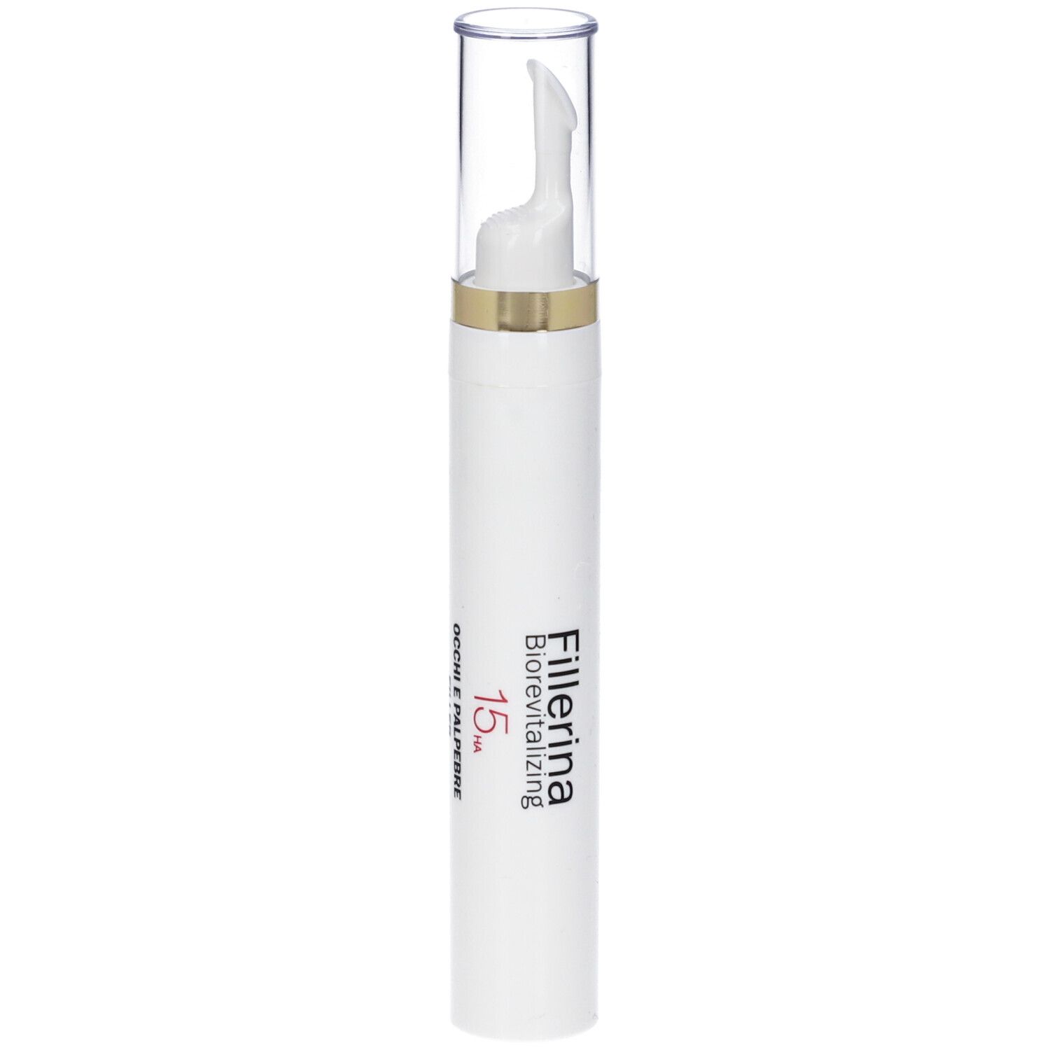 Penna bianca con cappuccio trasparente. Scritta: Fillerina 15 Ha Biorevitalizing Occhi e Palpebre.