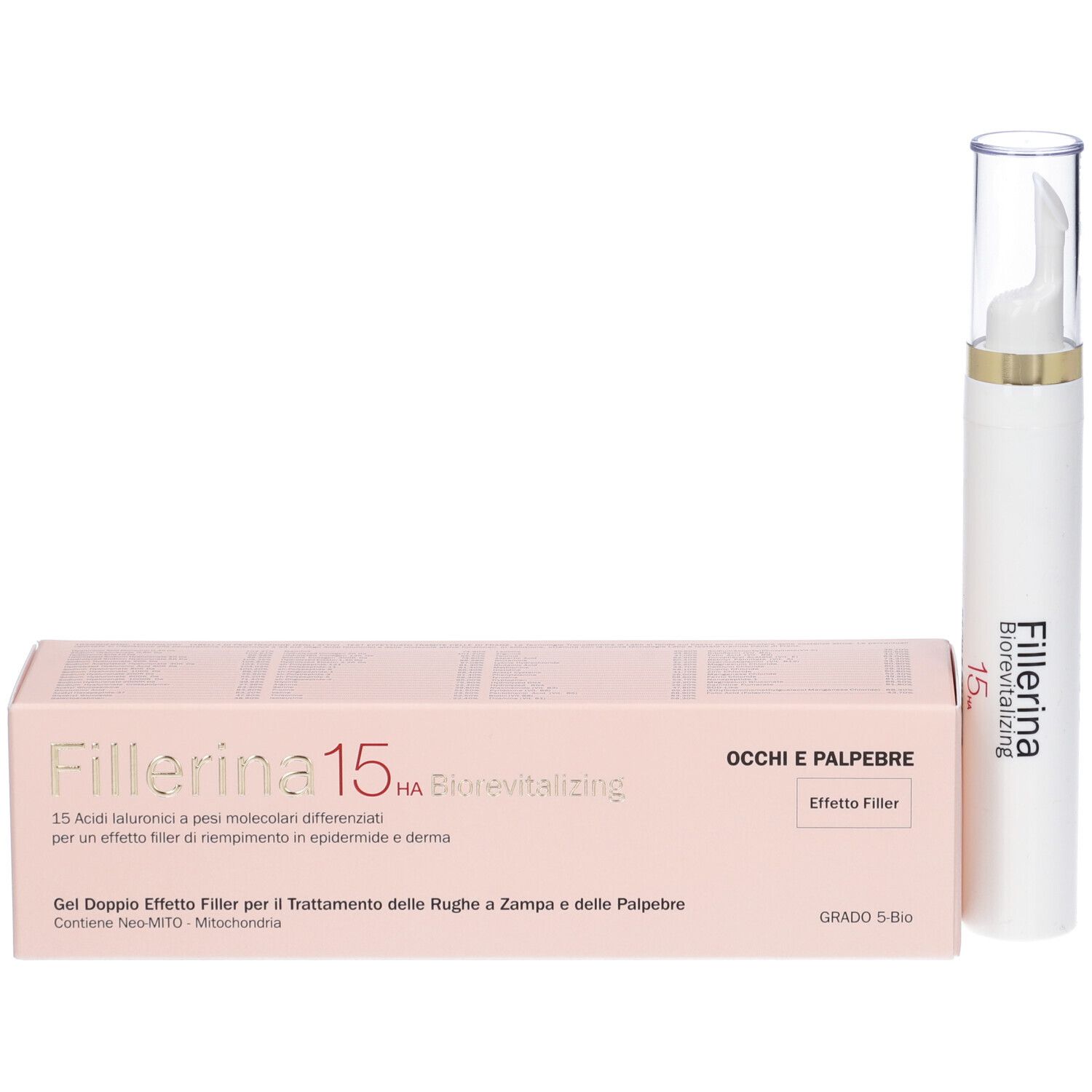 Confezione e penna del prodotto. Scritta: Fillerina 15 Ha Biorevitalizing Occhi e Palpebre.
