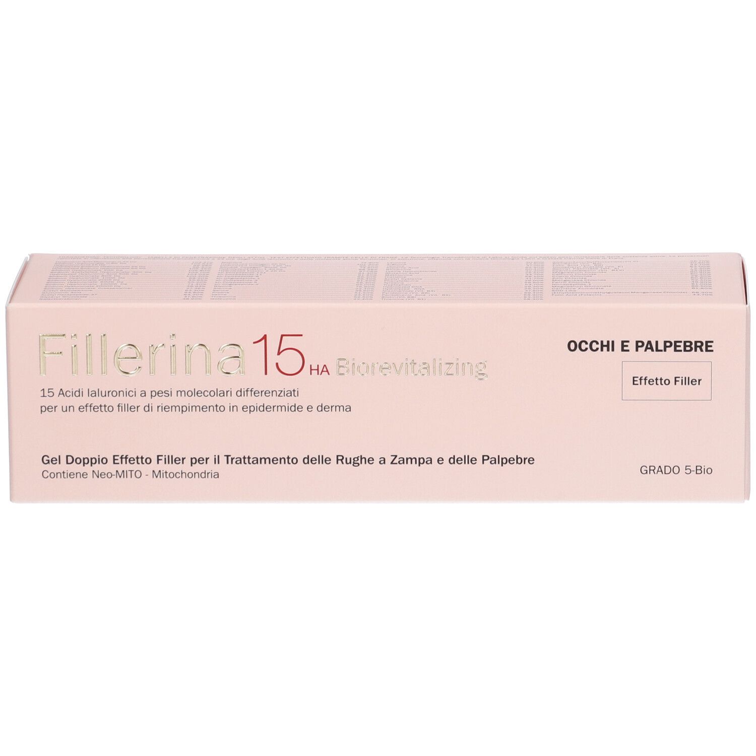 Confezione del prodotto. Scritta: Fillerina 15 Ha Biorevitalizing Occhi e Palpebre.