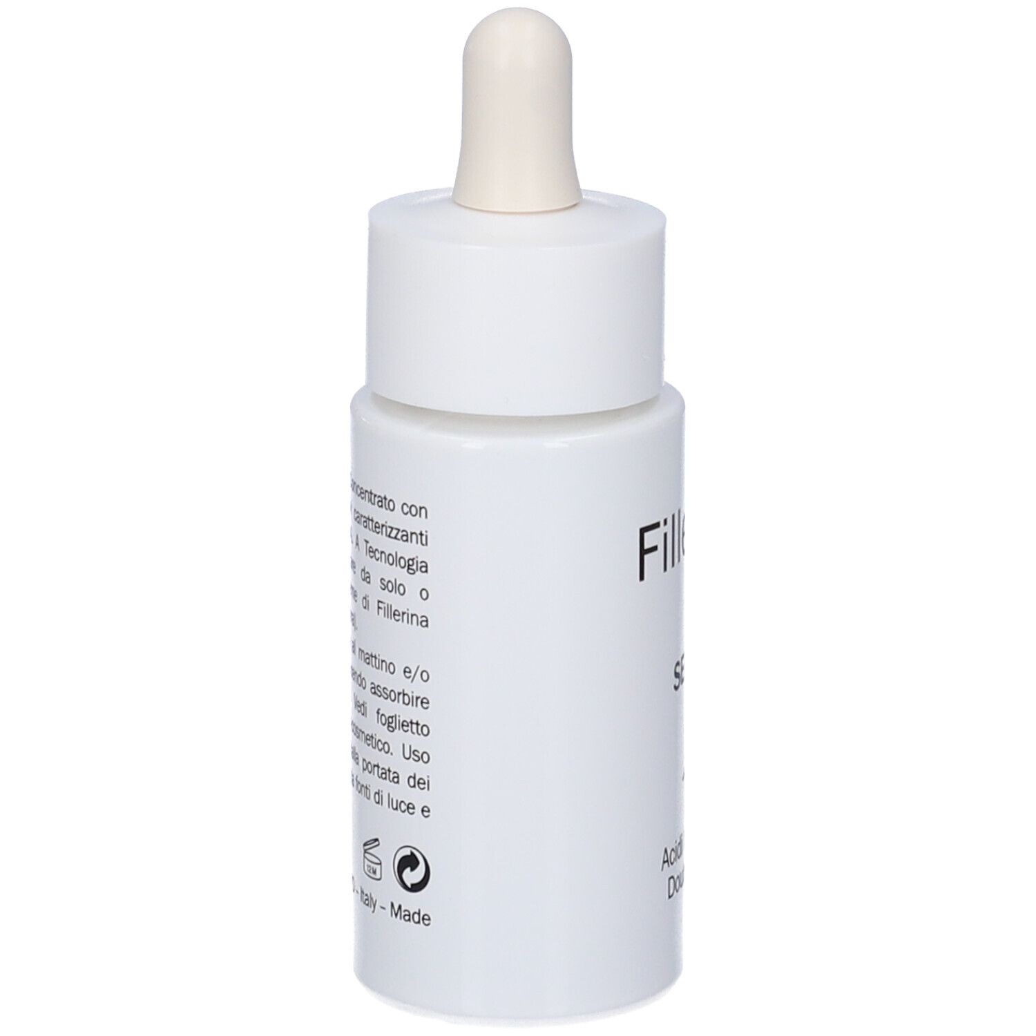 Flacone bianco con pipetta. Retro con testo. Scritta Fillerina, Serum, Made in Italy.