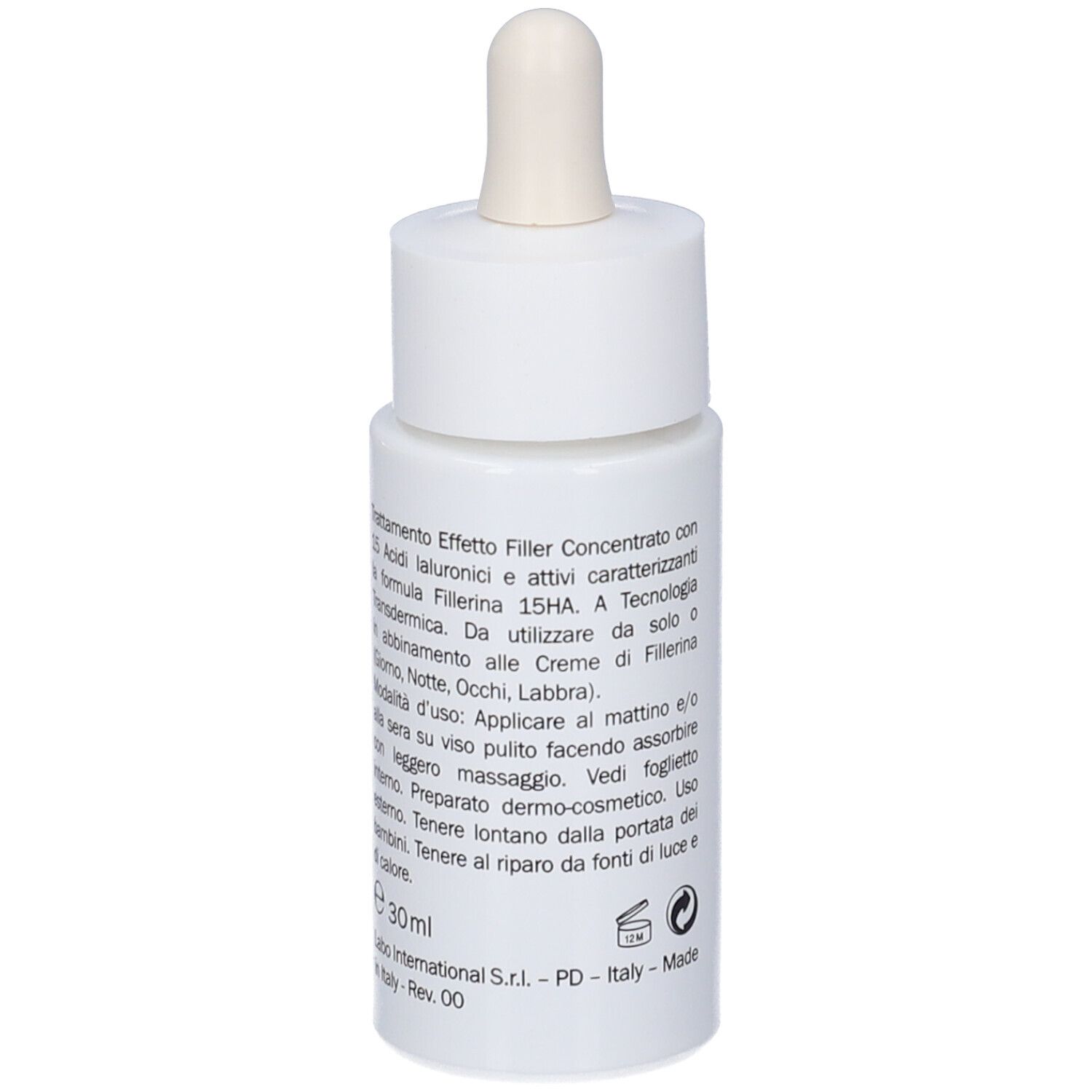 Flacone bianco con pipetta. Testo sul flacone. Scritta Fillerina, Serum, 30ml, Made in Italy.