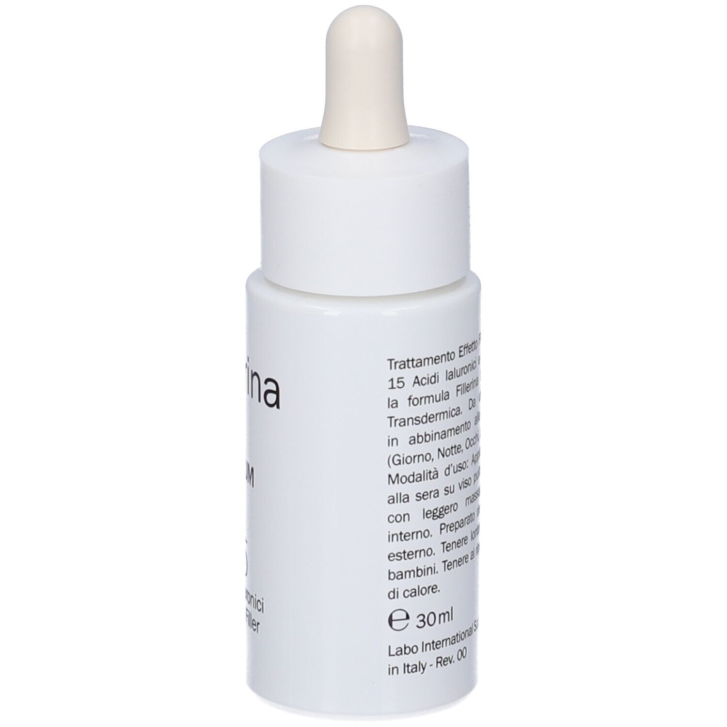 Flacone bianco con pipetta. Testo sul flacone. Scritta Fillerina, Serum, 30ml, Made in Italy.