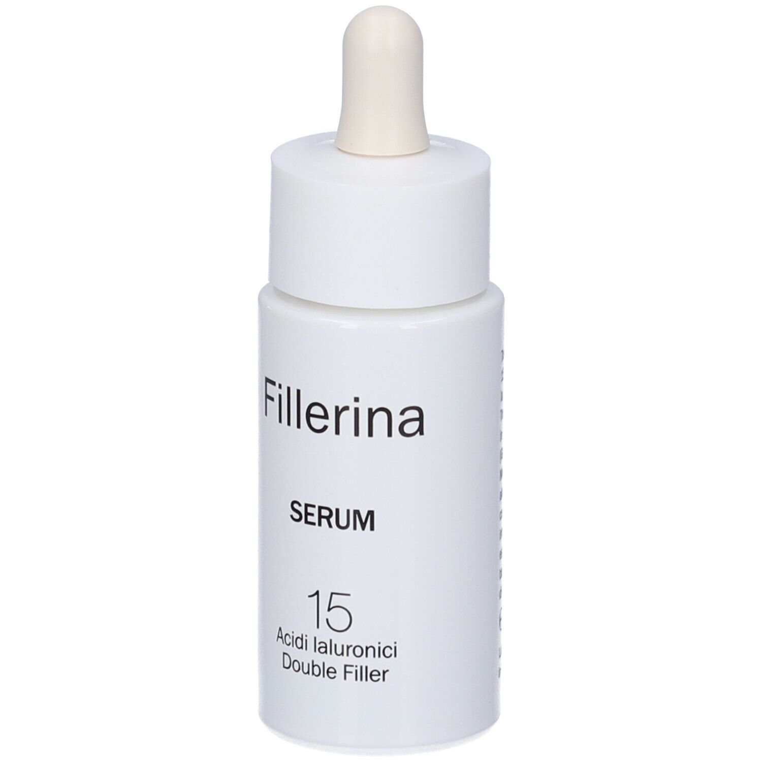 Flacone bianco con pipetta. Scritta Fillerina, Serum, 15 Acidi Ialuronici Double Filler.