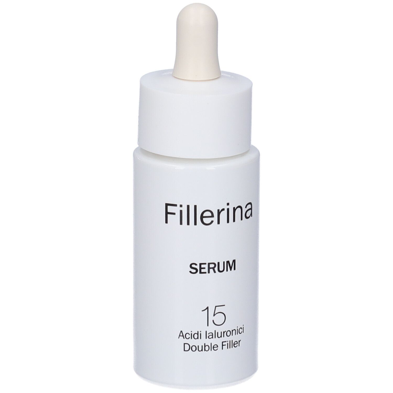 Flacone bianco con pipetta. Scritta Fillerina, Serum, 15 Acidi Ialuronici Double Filler.