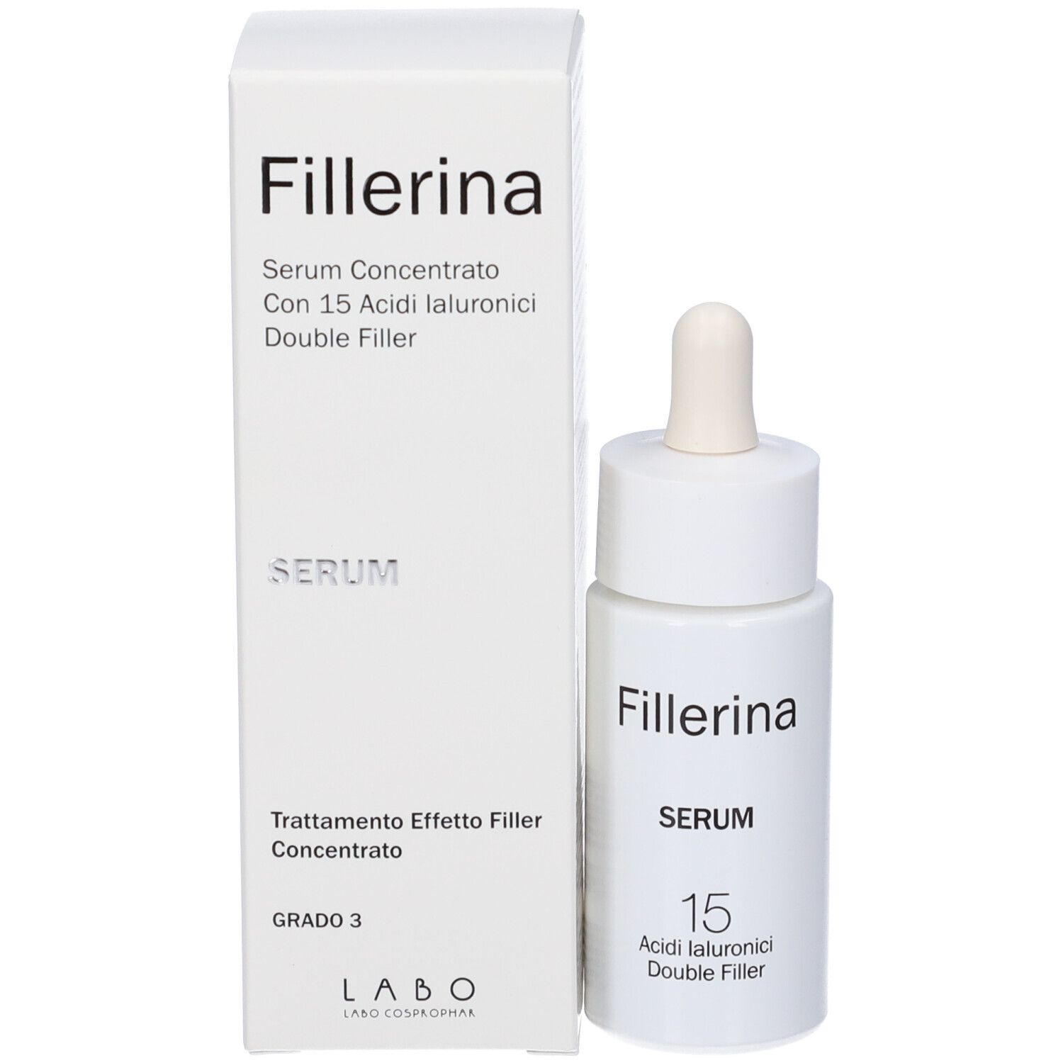 Flacone bianco con pipetta e confezione. Scritta Fillerina, Serum, Grado 3, LABO.