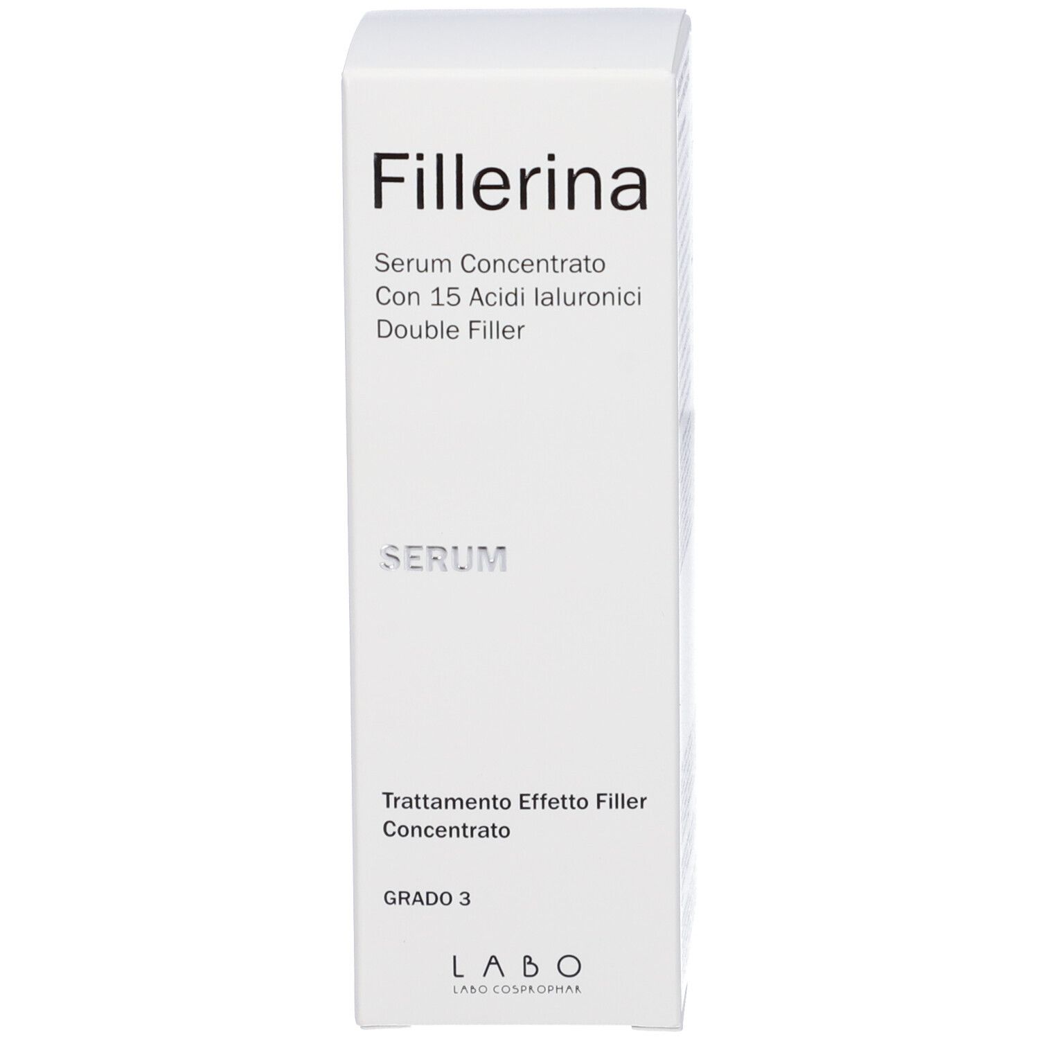 Confezione bianca. Scritta Fillerina, Serum Concentrato, Grado 3, LABO.