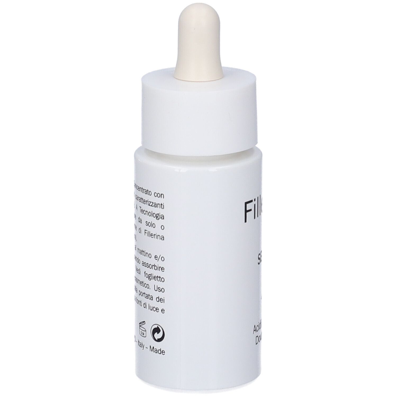 Flacone bianco con pipetta. Testo in italiano. Scritta: Fillerina, Serum, 15 Acidi Ialuronici Double Filler.