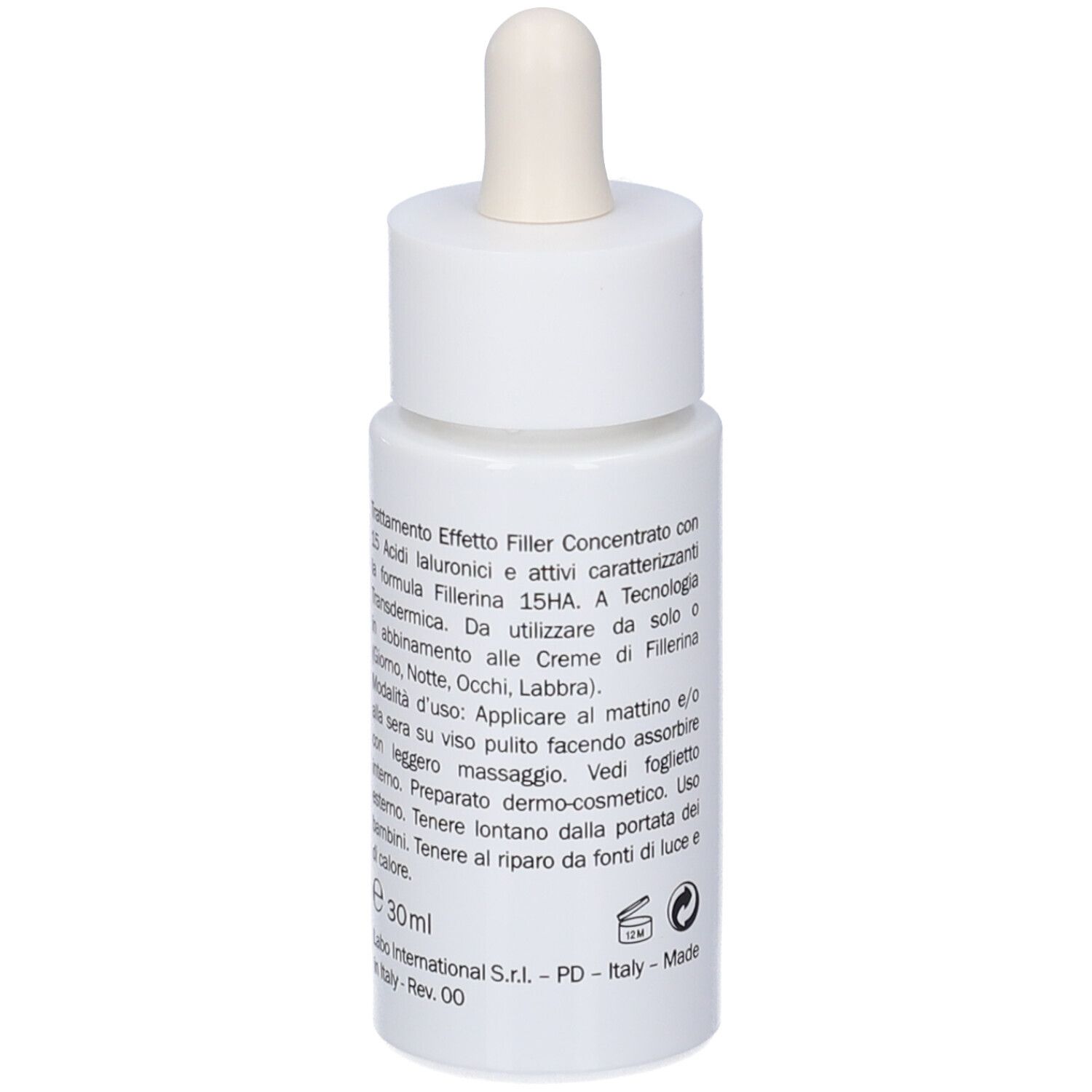 Flacone bianco con pipetta. Testo in italiano. Scritta: Fillerina, Serum, 15 Acidi Ialuronici Double Filler.
