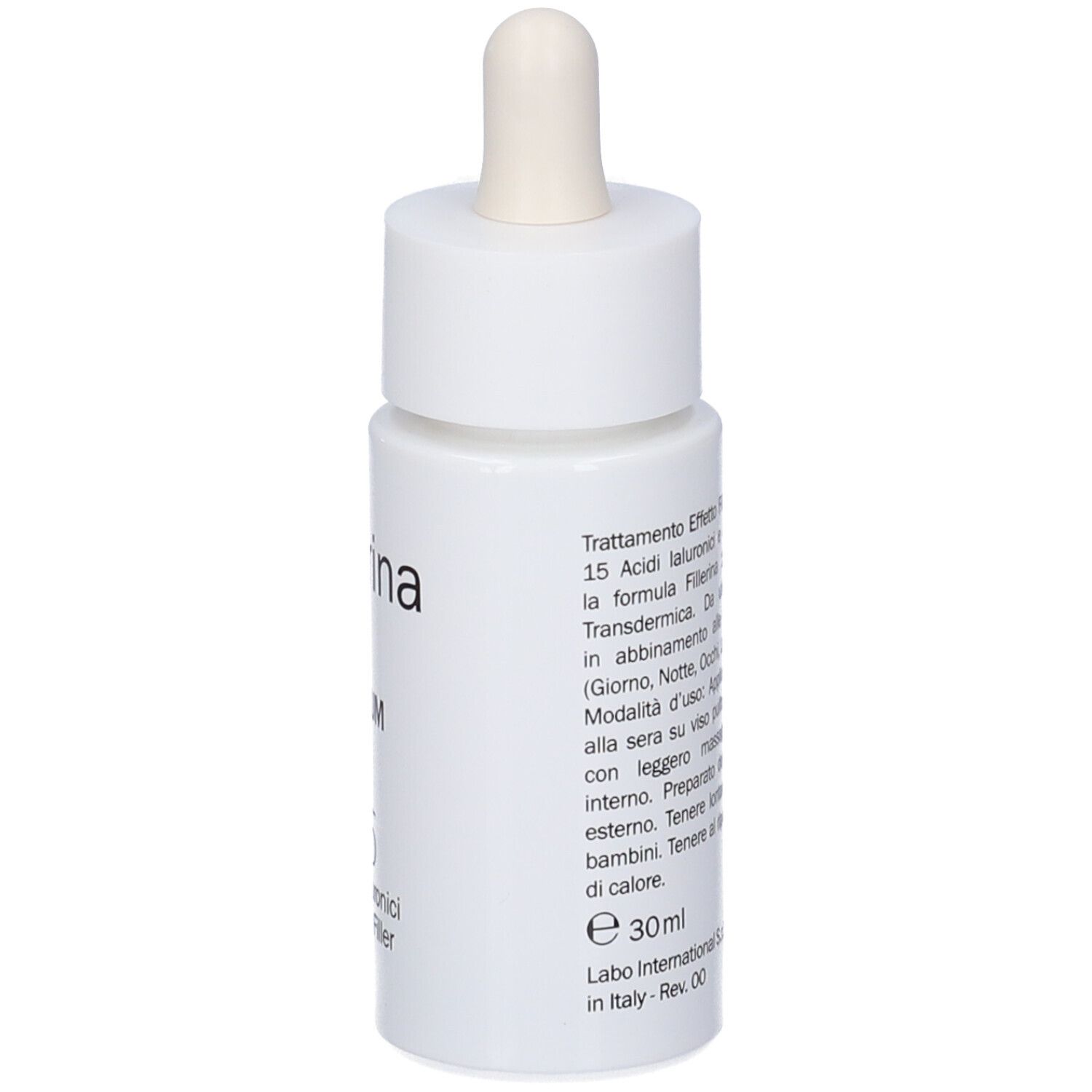 Flacone bianco con pipetta. Testo in italiano. Scritta: Fillerina, Serum, 15 Acidi Ialuronici Double Filler.