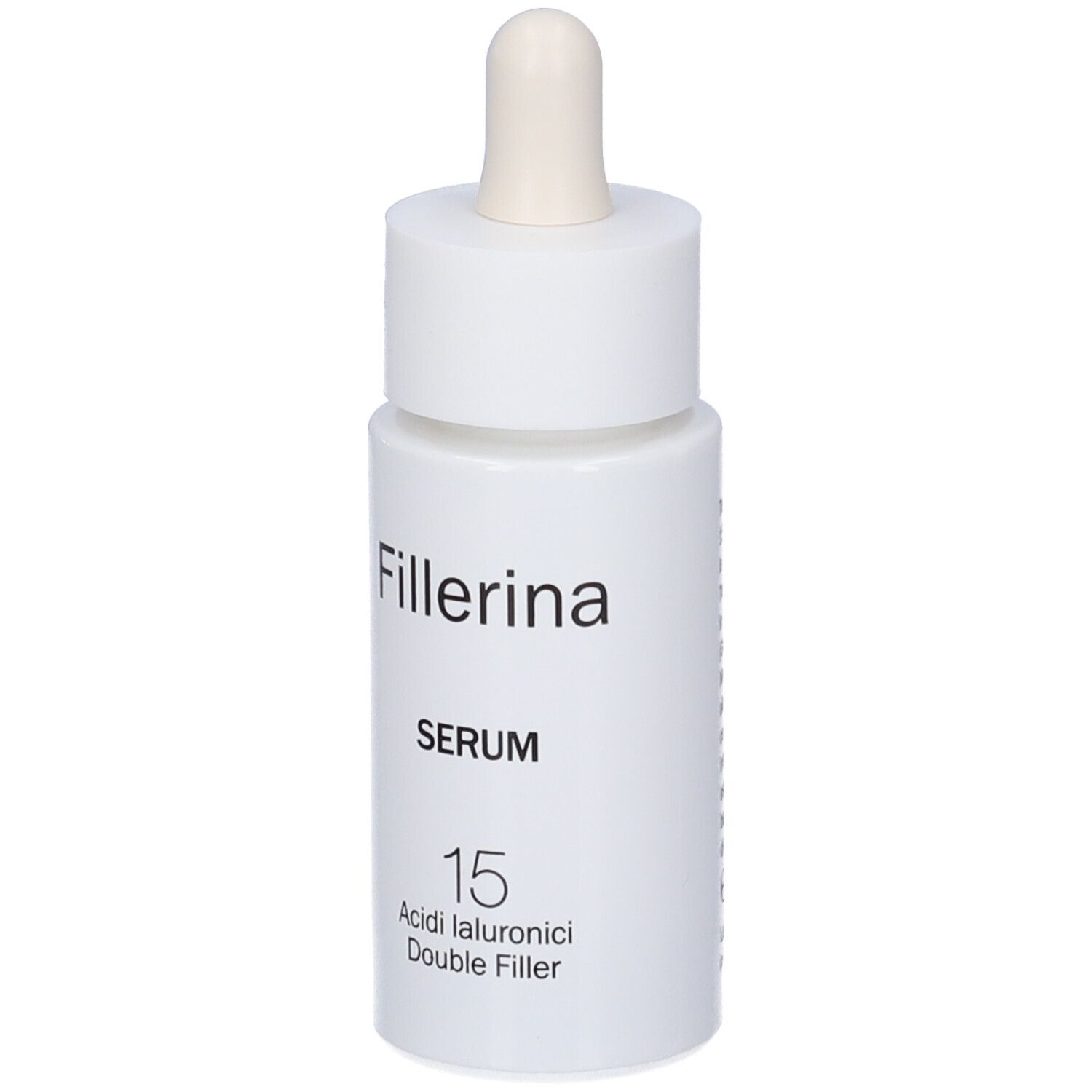 Flacone bianco con pipetta. Scritta: Fillerina, Serum, 15 Acidi Ialuronici Double Filler.