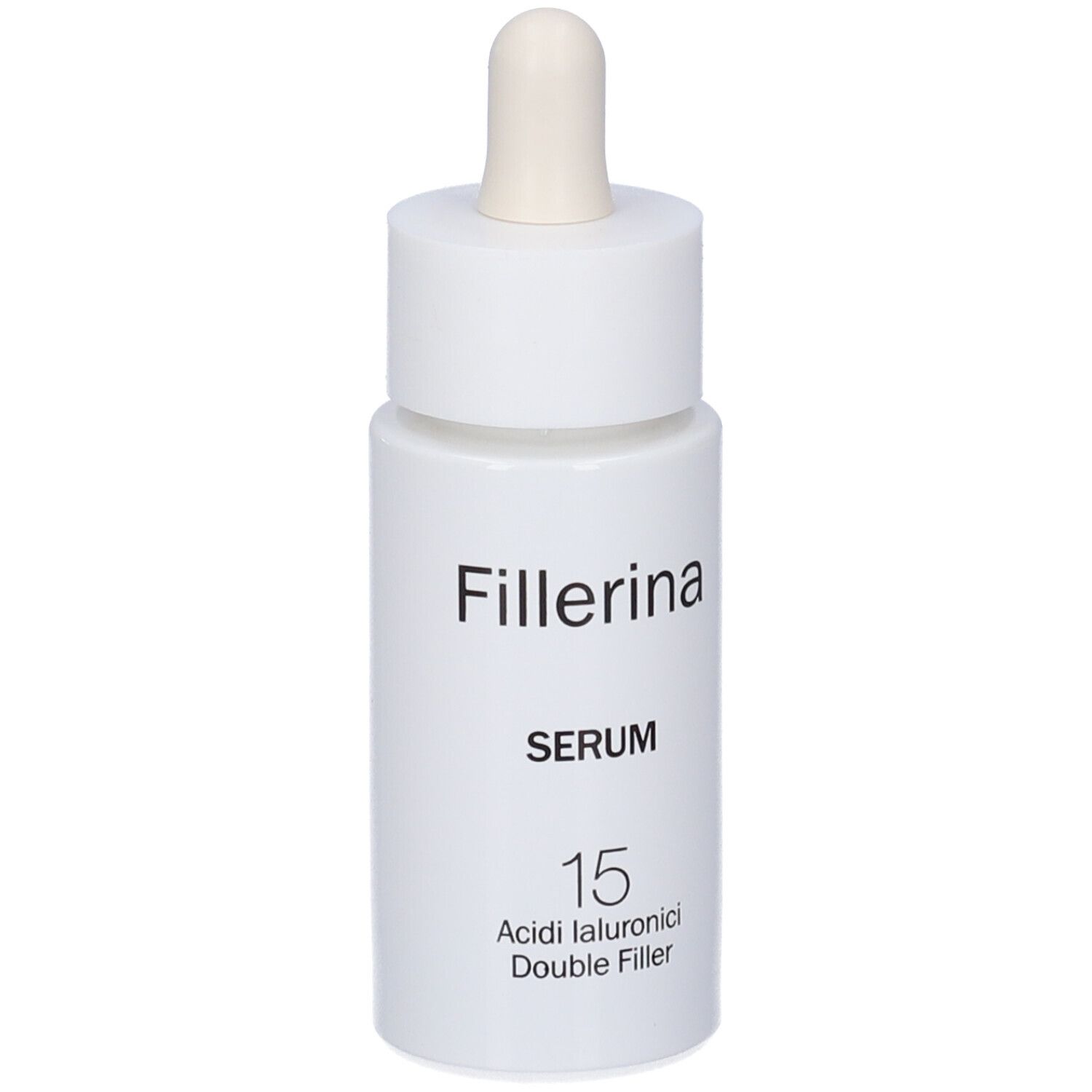 Flacone bianco con pipetta. Scritta: Fillerina, Serum, 15 Acidi Ialuronici Double Filler.
