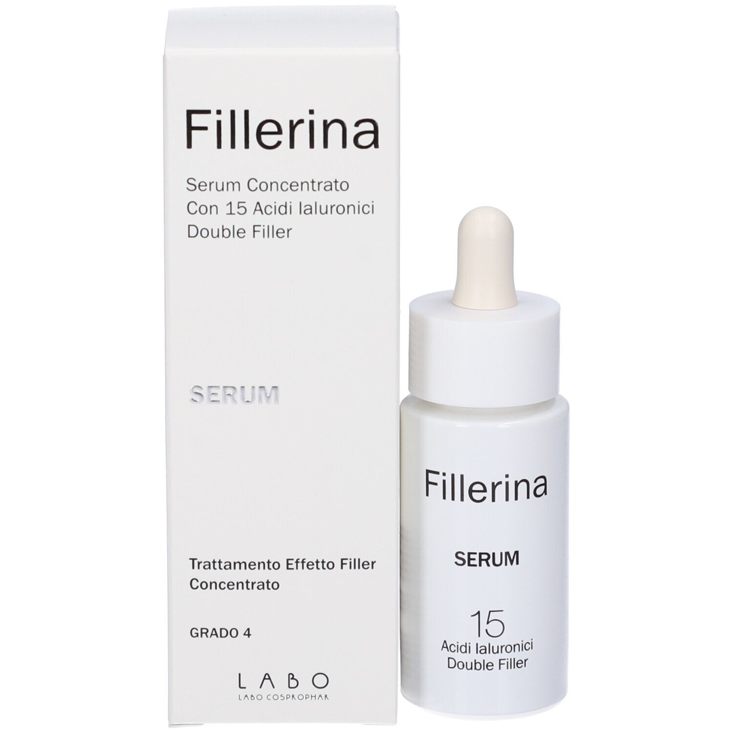 Prodotto e confezione. Flacone bianco con pipetta e scatola. Scritta: Fillerina, Serum, 15 Acidi Ialuronici Double Filler.
