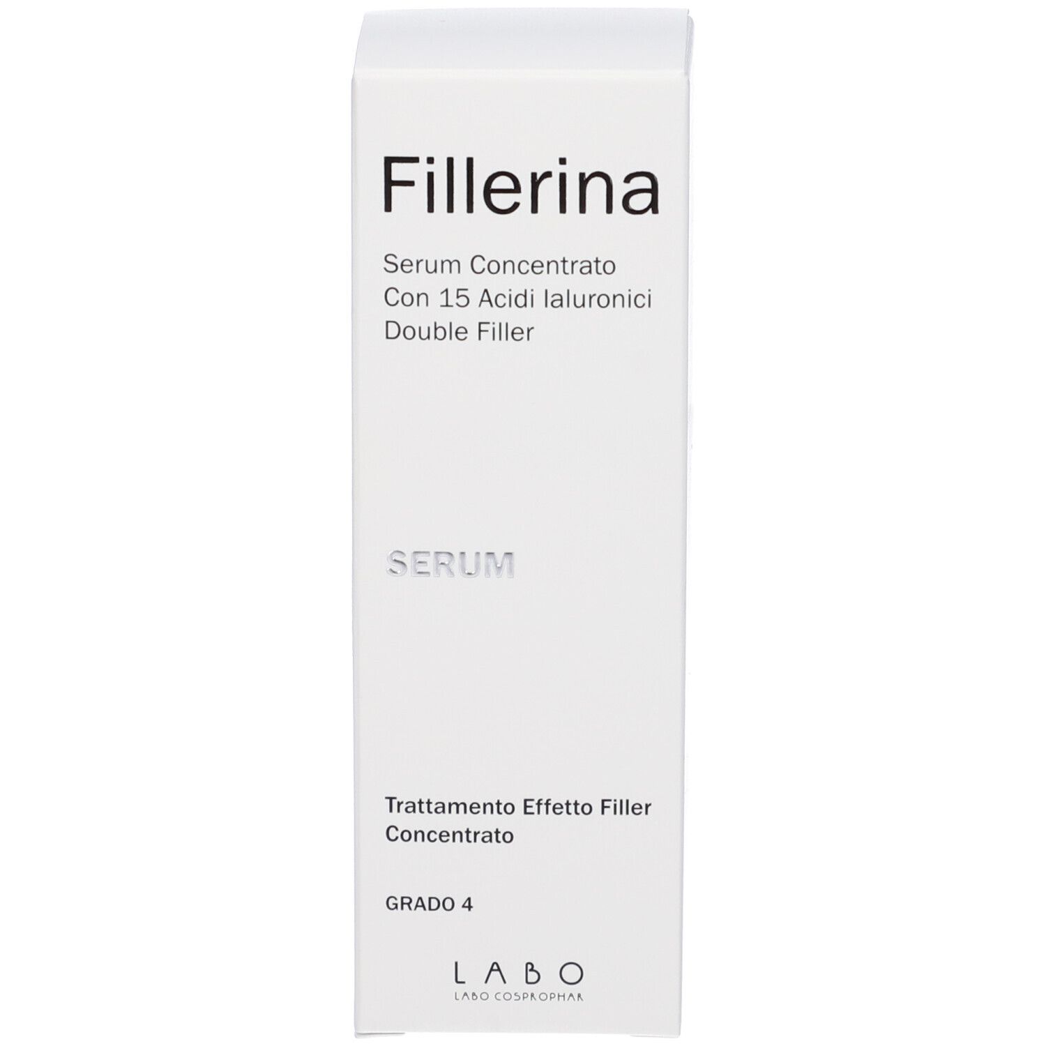 Confezione bianca. Scritta: Fillerina Serum Concentrato Con 15 Acidi Ialuronici Double Filler, Grado 4.