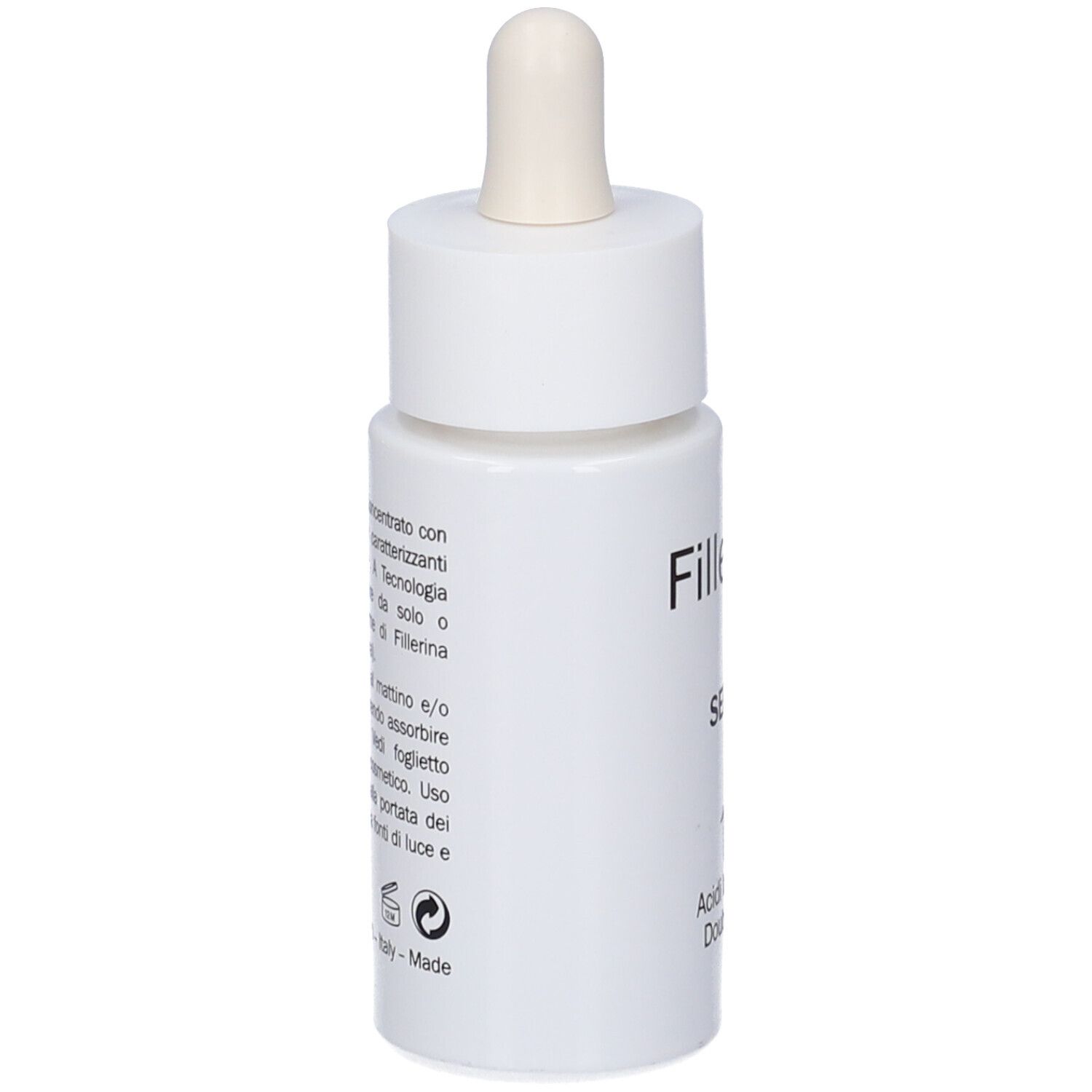 Flacone bianco con pipetta. Retro con testo. Informazioni produttore e simboli.