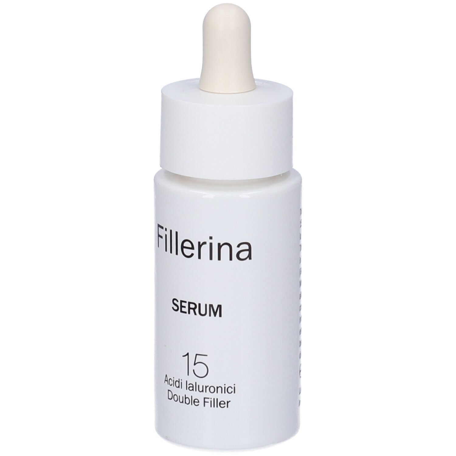 Flacone bianco con pipetta. Scritta: Fillerina, SERUM, 15 Acidi Ialuronici Double Filler.