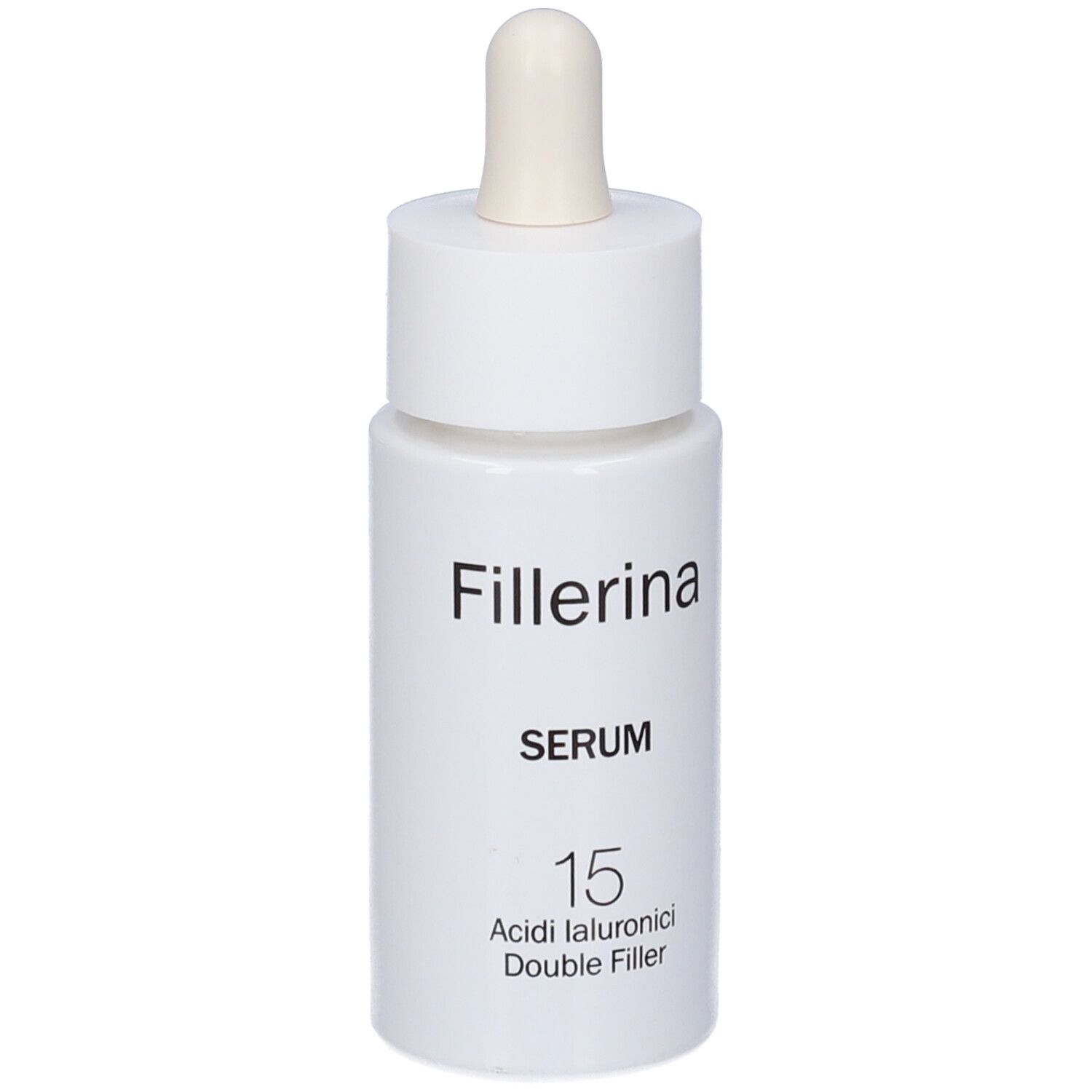Flacone bianco con pipetta. Scritta: Fillerina, SERUM, 15 Acidi Ialuronici Double Filler.