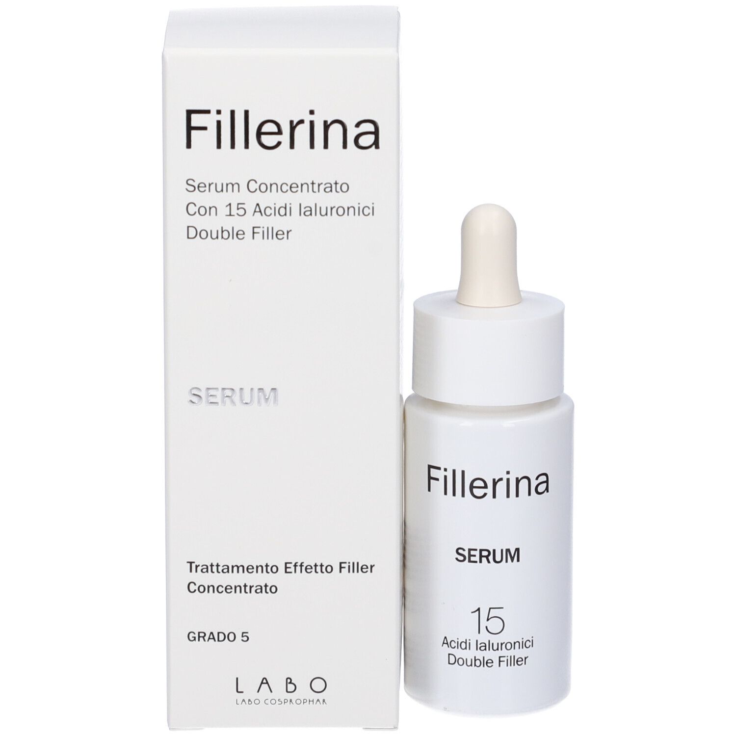 Confezione e flacone. Confezione: Fillerina, Serum Concentrato, Grado 5. Flacone: Fillerina, SERUM.