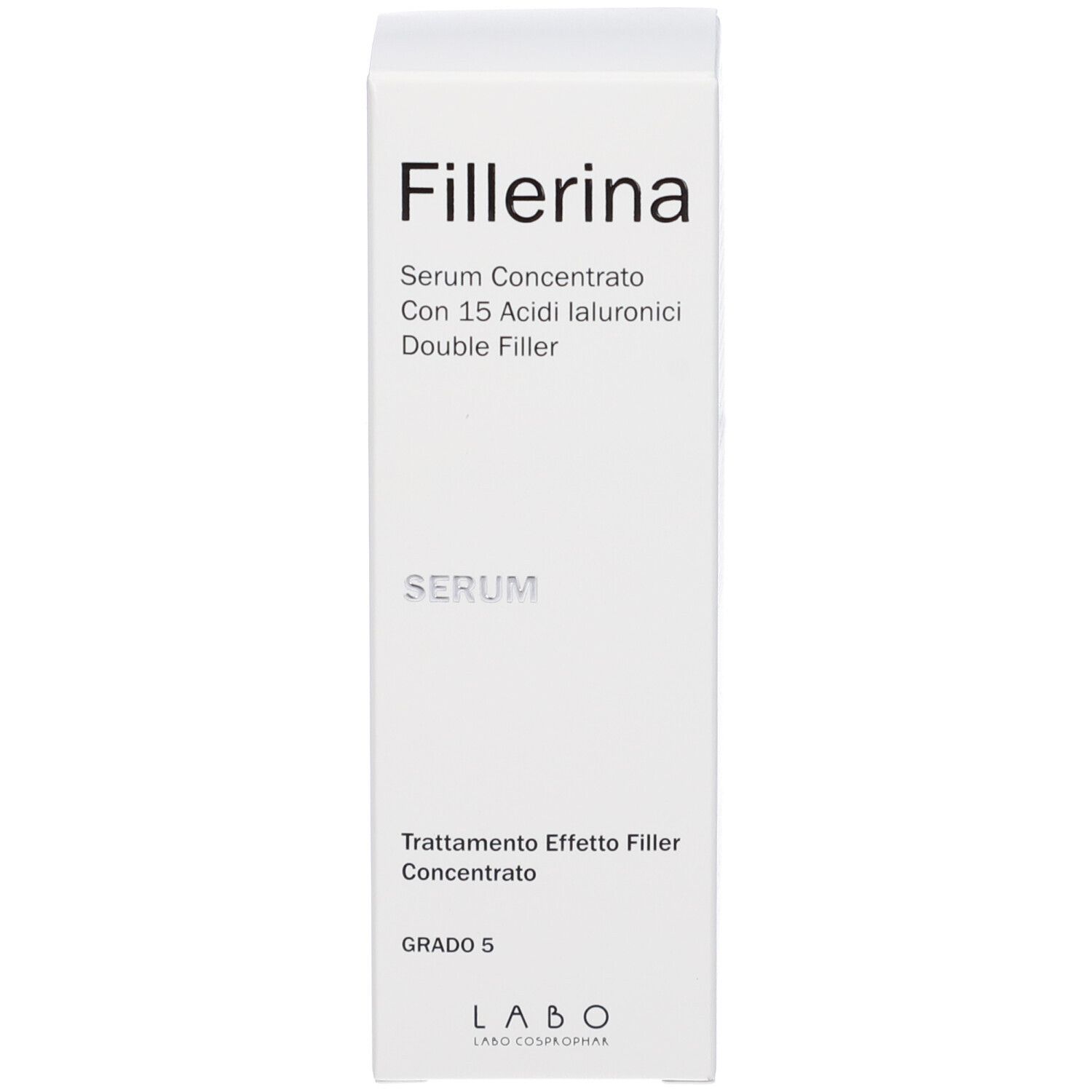 Confezione bianca. Scritta: Fillerina, Serum Concentrato, Grado 5, LABO.