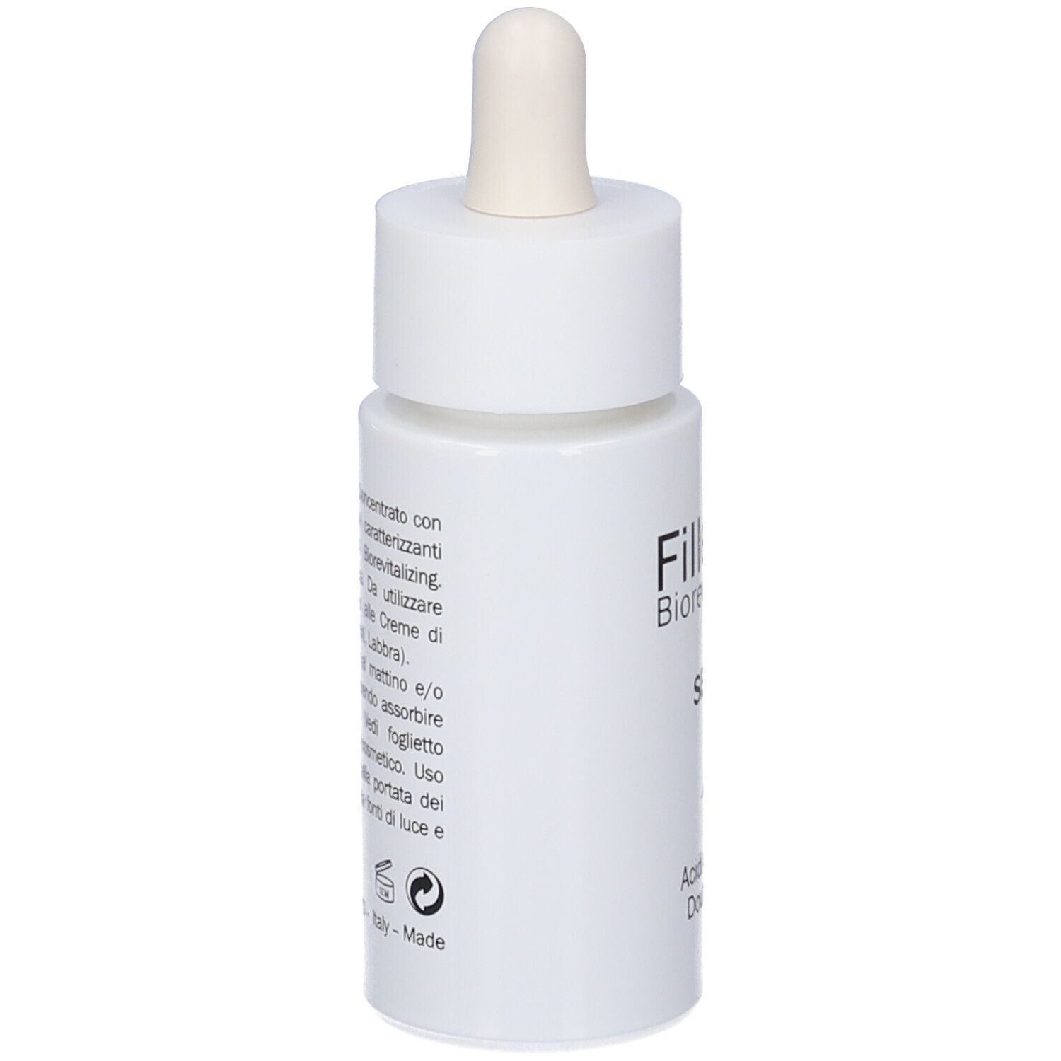Flacone bianco con pipetta. Retro con testo. Scritta: Fillerina Biorevitalizing Serum.