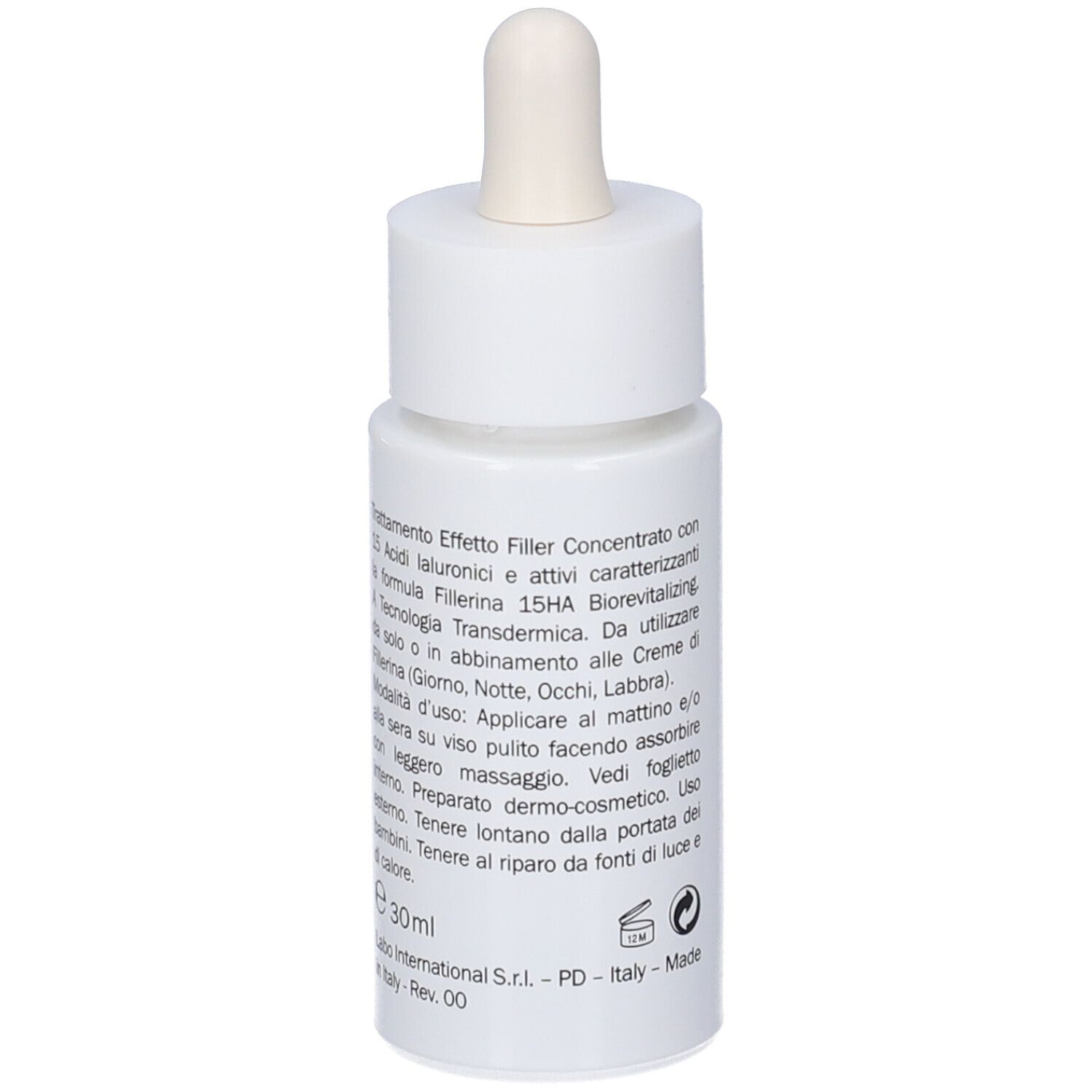 Flacone bianco con pipetta. Retro con testo. Scritta: Fillerina 15HA Biorevitalizing.