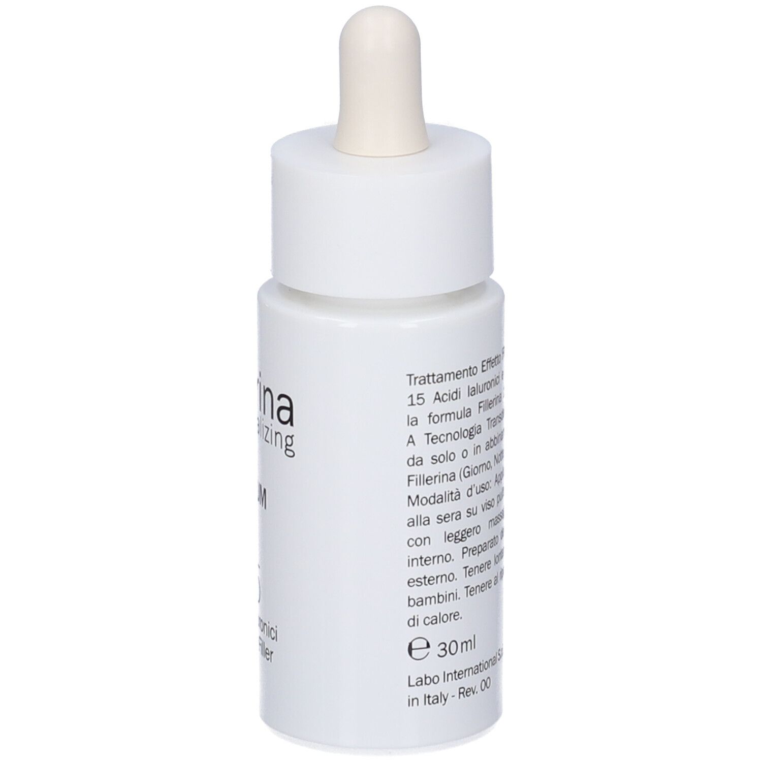 Flacone bianco con pipetta. Retro con testo. Scritta: Fillerina Biorevitalizing Serum.
