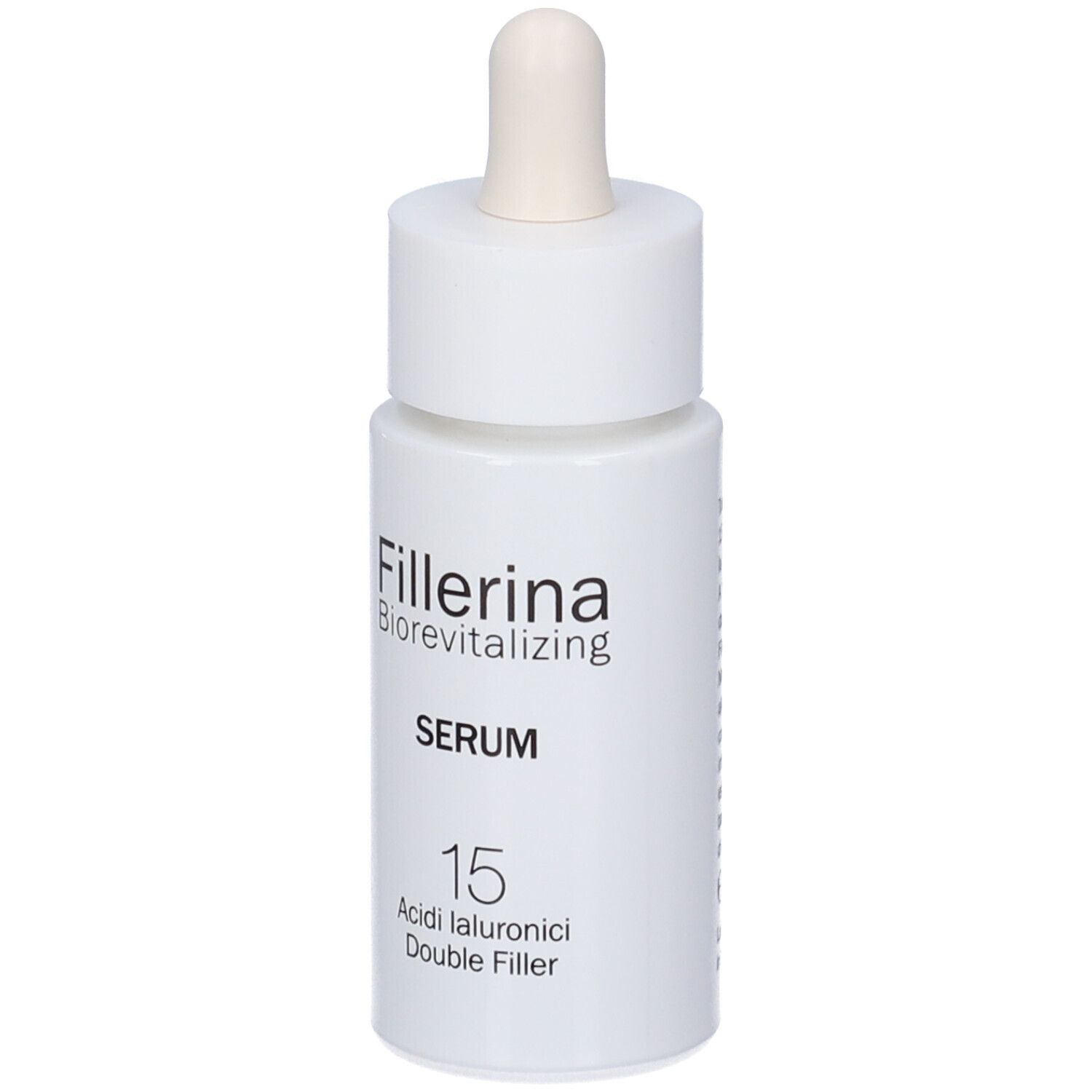 Flacone bianco con pipetta. Scritta: Fillerina Biorevitalizing Serum 15 Acidi Ialuronici Double Filler.