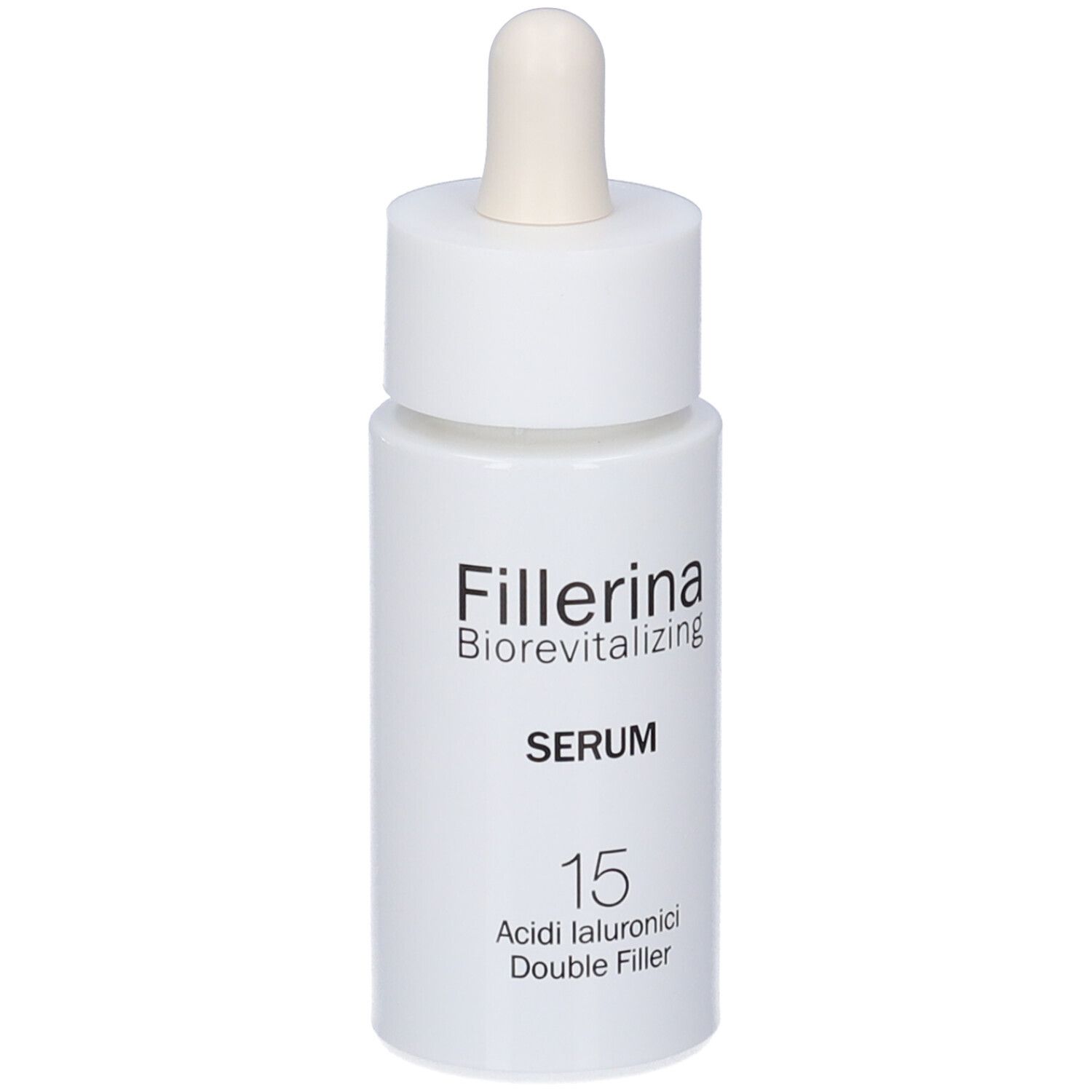 Flacone bianco con pipetta. Scritta: Fillerina Biorevitalizing Serum 15 Acidi Ialuronici Double Filler.