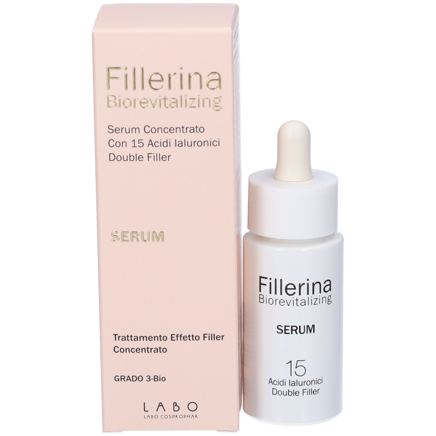 Flacone e confezione del prodotto. Scritta: Fillerina Biorevitalizing Serum, 15 Acidi Ialuronici Double Filler.