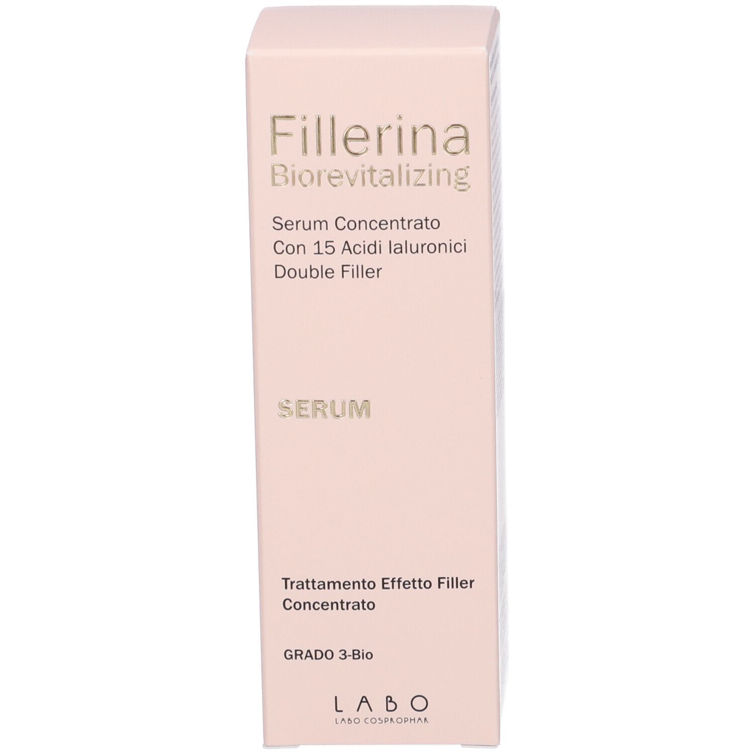 Confezione del prodotto. Scritta: Fillerina Biorevitalizing Serum, 15 Acidi Ialuronici Double Filler.
