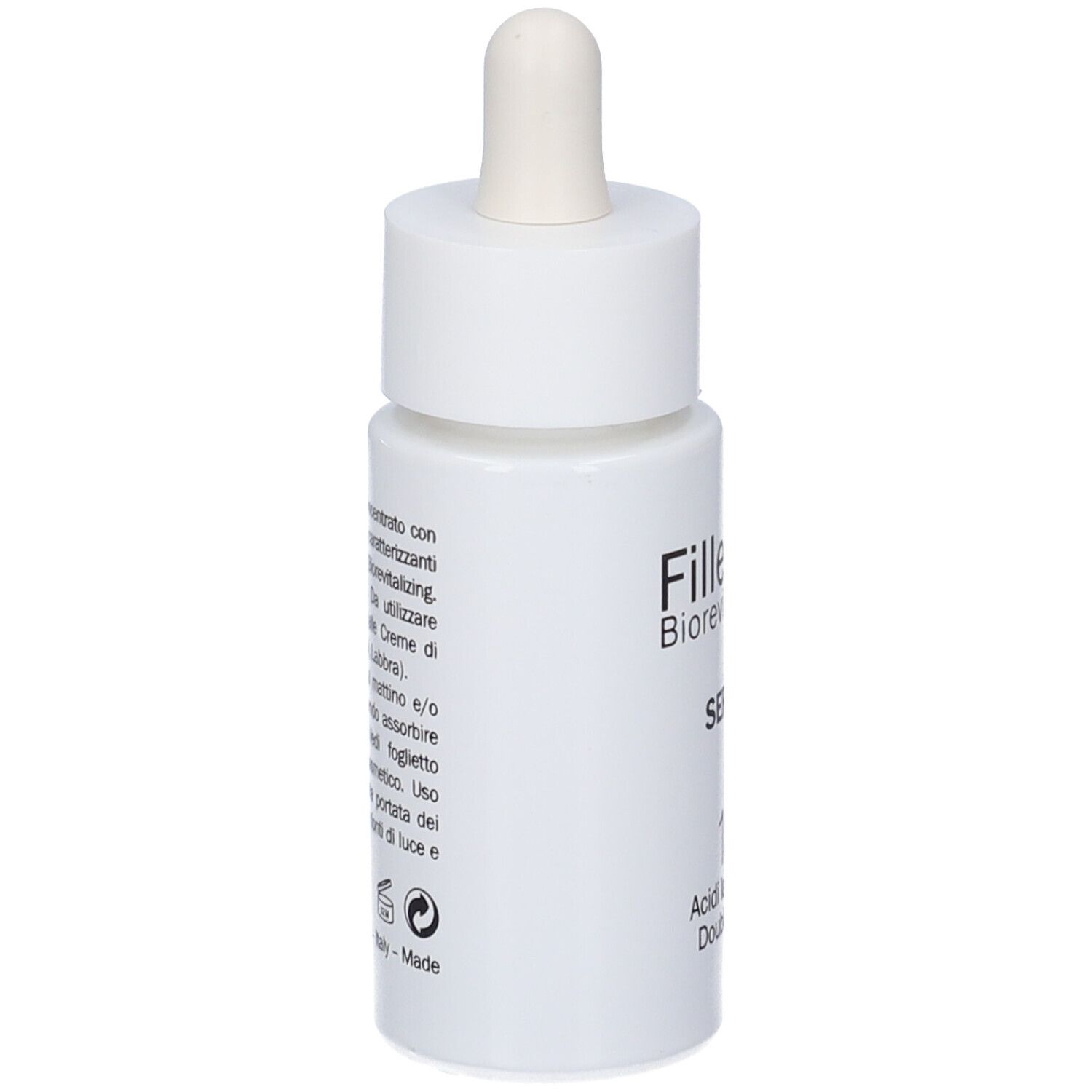 Flacone di siero bianco con pipetta. Retro con testo. Scritta: Fillerina Biorevitalizing.