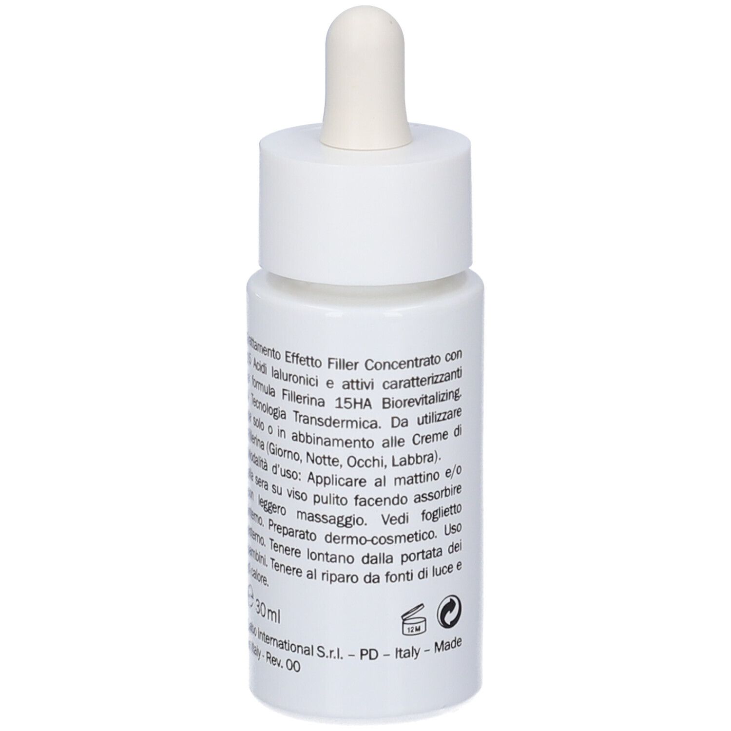 Flacone di siero bianco con pipetta. Retro con testo. Scritta: Fillerina Biorevitalizing.
