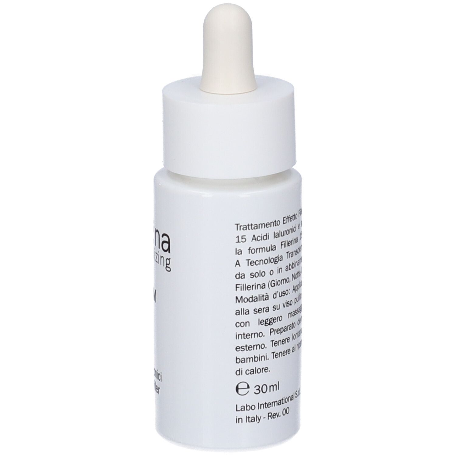 Flacone di siero bianco con pipetta. Retro con testo. Scritta: Fillerina Biorevitalizing.