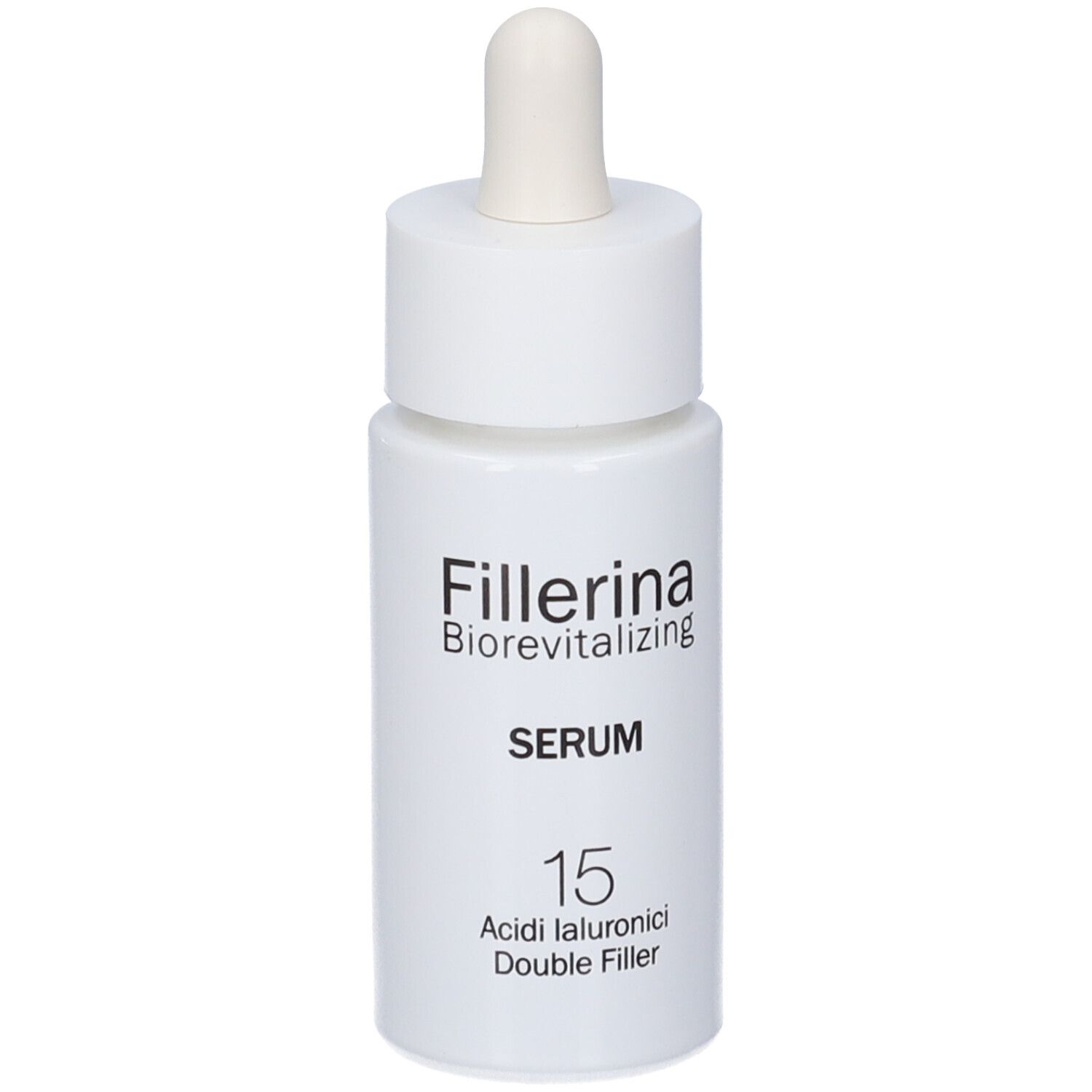 Flacone di siero bianco con pipetta. Scritta: Fillerina Biorevitalizing Serum 15.